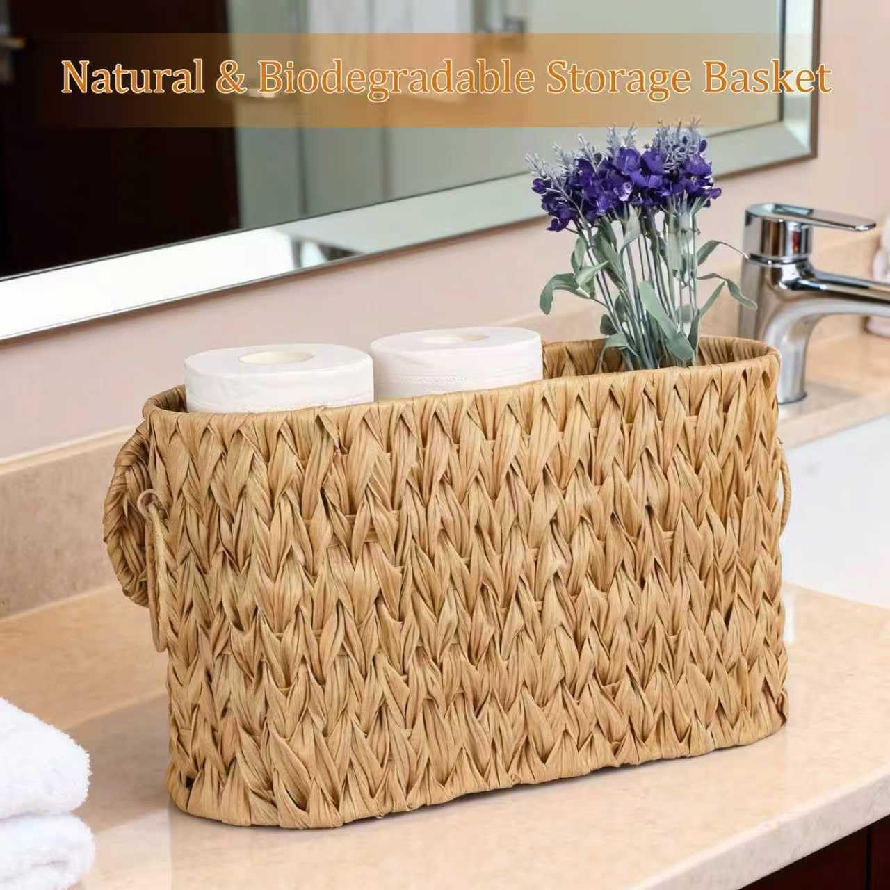 Handwoven Big Toilet Paper Basket with Lid - 16 Inch Modern Minimalist Storage Basket, Water Hyacinth Woven with Handles for Back of Toilet, Natural Organizer for Bathroom, Shelf & Desktop Decor Hampe