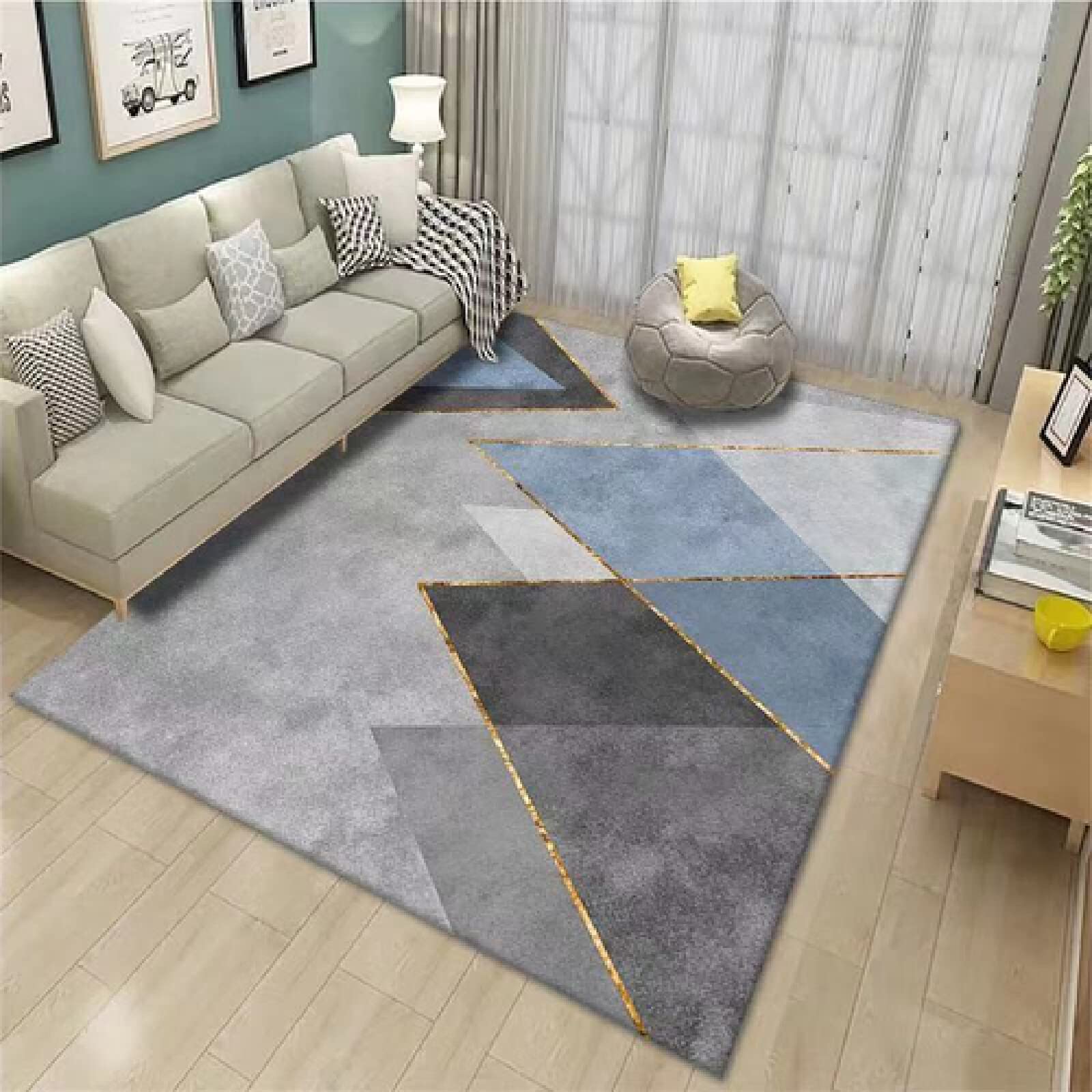 Tapis doux pour chambre fille : protège du sol froid, tapis géométrique gris-bleu 100x160