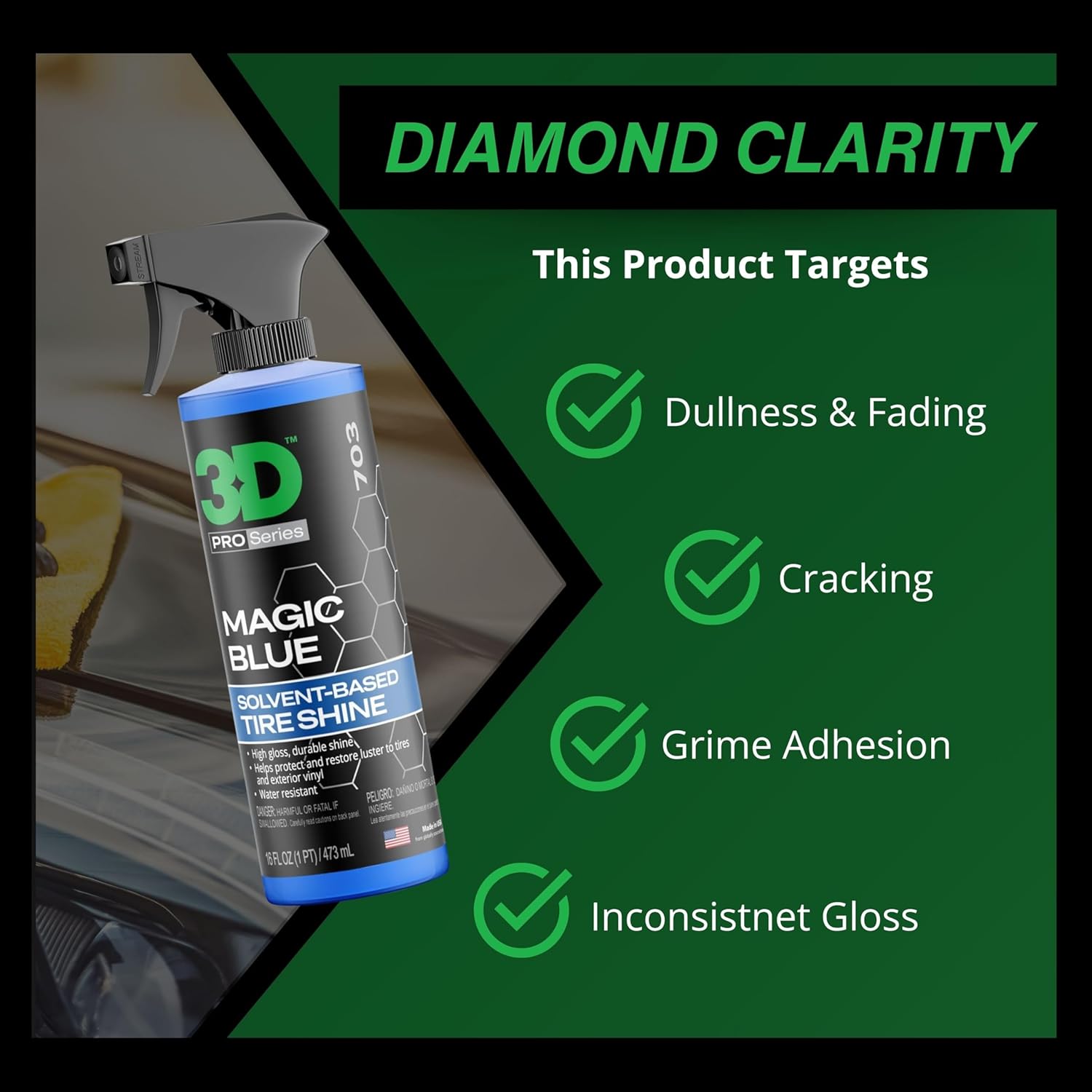 3D Magic Blue Tire Shine Spray - Water Resistant High Gloss Tire & Trim Dressing | Long Lasting Protection | No Sling, No Run Formula | Made in USA |16 oz - Image 8