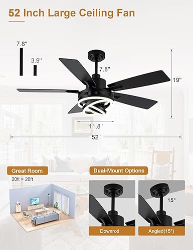 Miniatura 4 de Curve Curio Ventiladores de techo de 52 pulgadas con luces con control remoto, ventilador de techo moderno negro con luces, motor de CC, ventilador