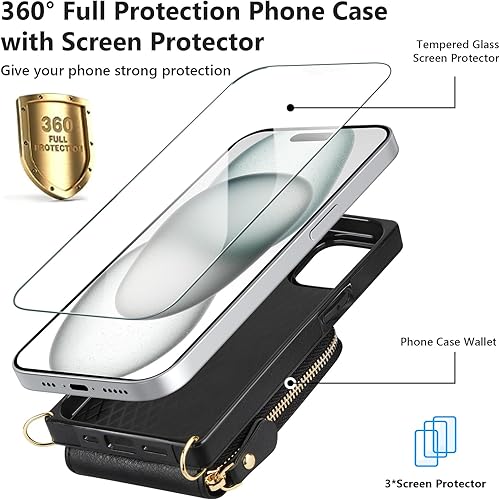 Miniatura 3 de JAKPAK Funda compatible con iPhone 15, funda de piel con cremallera y tarjetero + protector de pantalla 3 unidades, funda protectora con cordón para