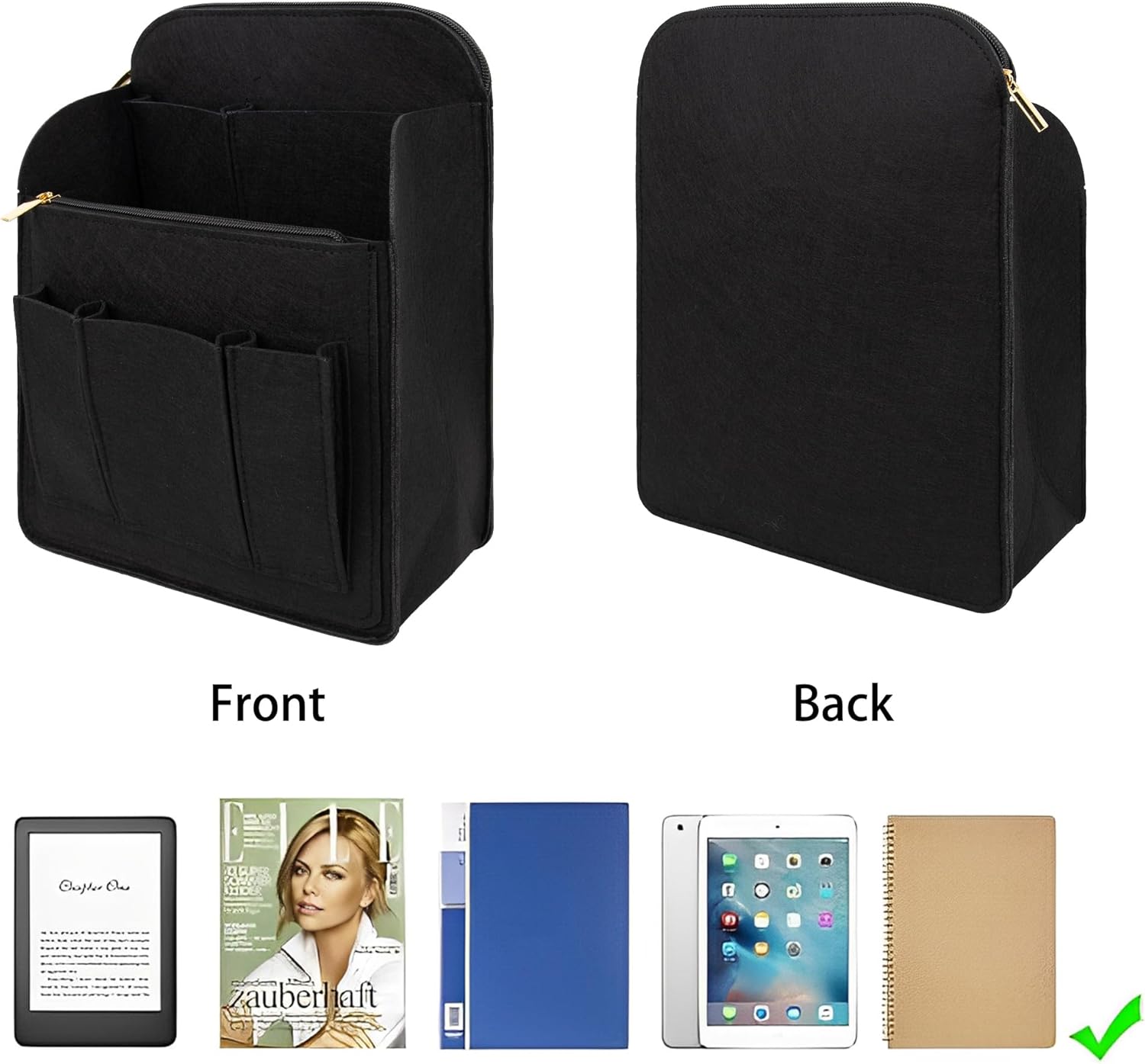 Large Capacity Backpack Organizer Insert - Felt Storage Insert for 10"+ Backpacks, Rucksacks & Travel Bags | Vertical Design with Shoulder Strap Slot & Interior Pockets - Black - Image 6