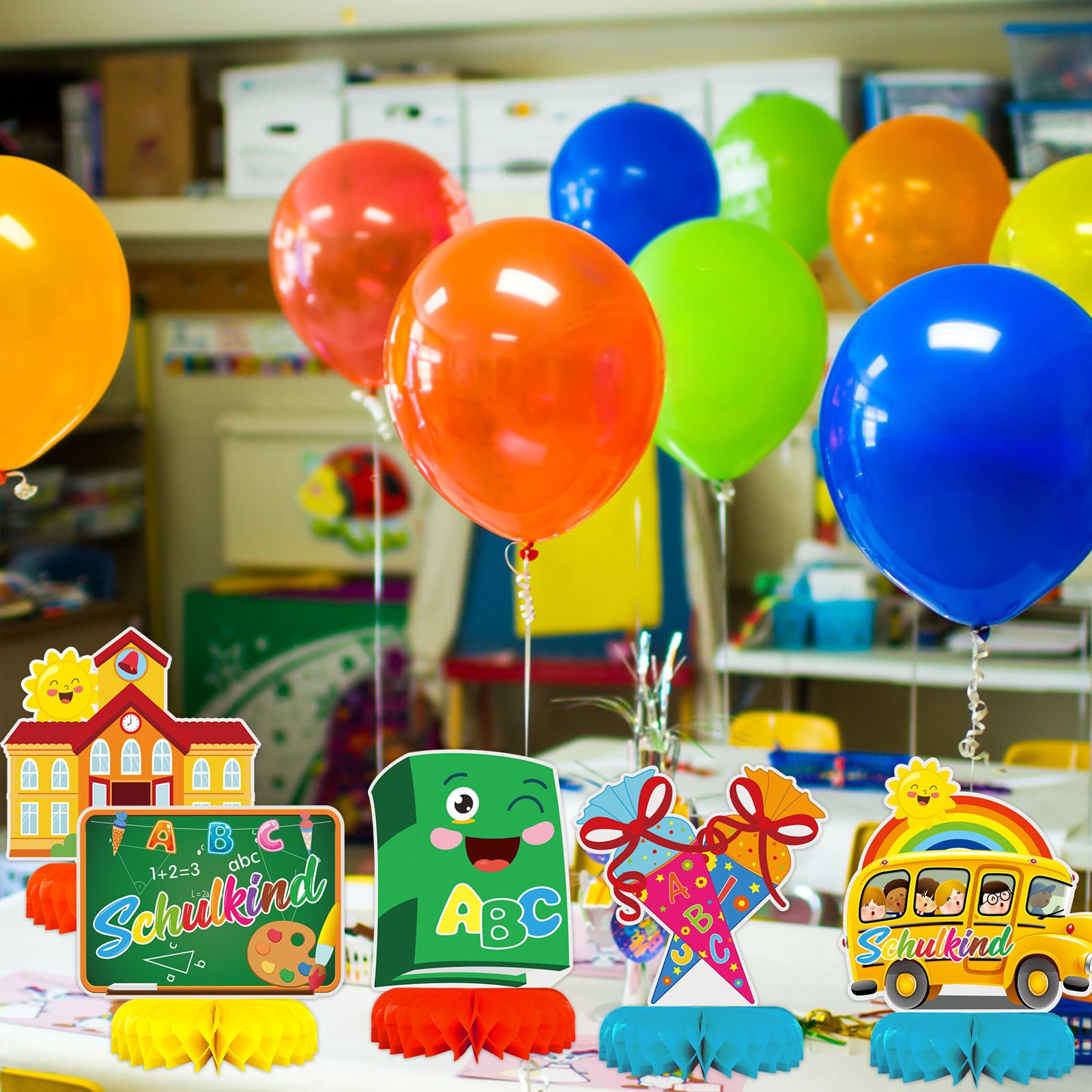 9-teiliges Waben-Tischdeko-Set Zur Einschulung 2026 – Bunte Motive (Schulbus, ABC, Globus) – Für Mädchen & Jungen, 15–19 Cm Hoch