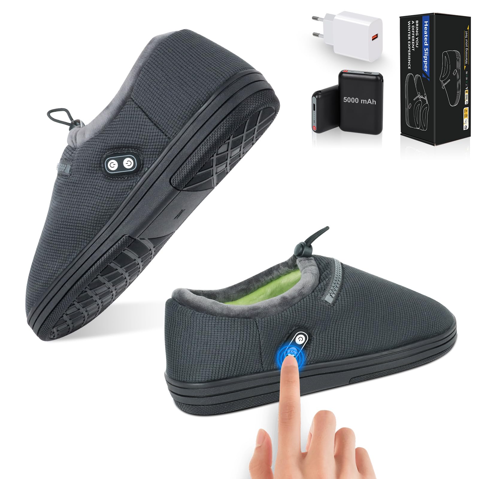 Rtdep Pantofole Riscaldate Elettriche Con Batteria 5000mAh, 3 Livelli Calore, Scaldapiedi Uomo Donna Con Doppio Interruttore