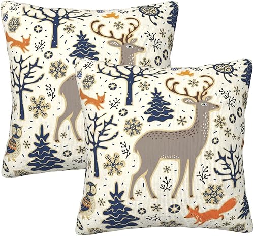 Juego de 2 fundas de almohada con diseño de ciervos y bosques de invierno, diseño de búho, zorro, ardilla, pájaros, árboles y copos de nieve,