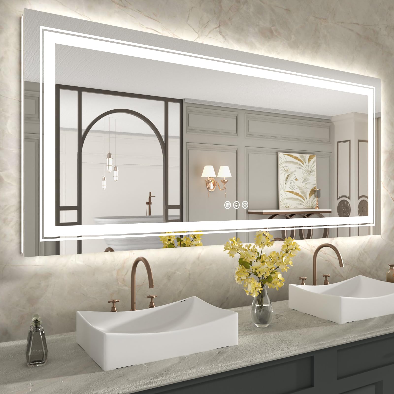 WTTY LED Bathroom Mirror 60"x28" with Back and Front Light,Modern LED Mirror for Bathroom,Stepless Dimmable Lighted Bathroom Vanity Mirror with Anti-Fog,Memory Function,Shatter-Proof