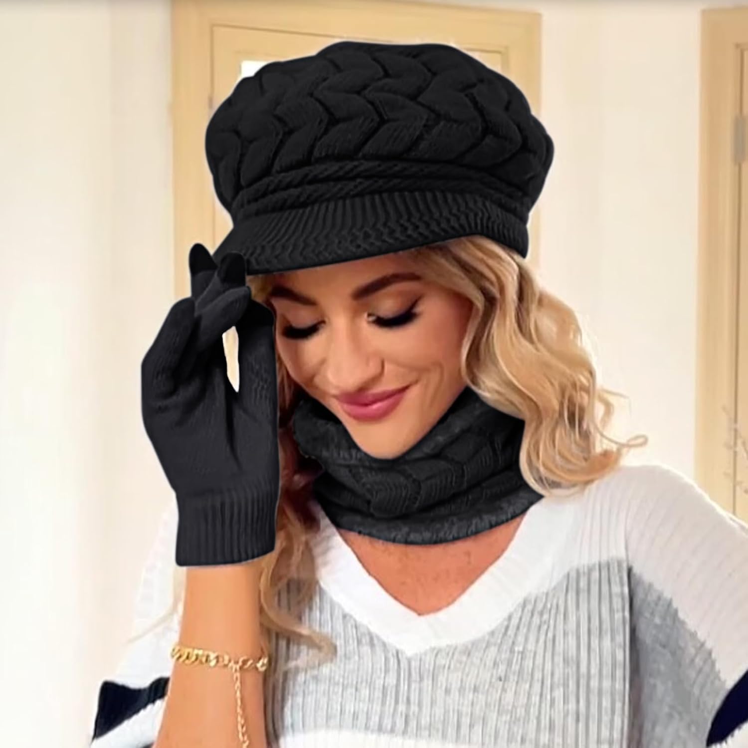 3-Pieces Winter Hat Gloves Scarf Set, Knit Warm Beanie Hat Neck Warmer Touch Screen Mittens for Women - Image 5