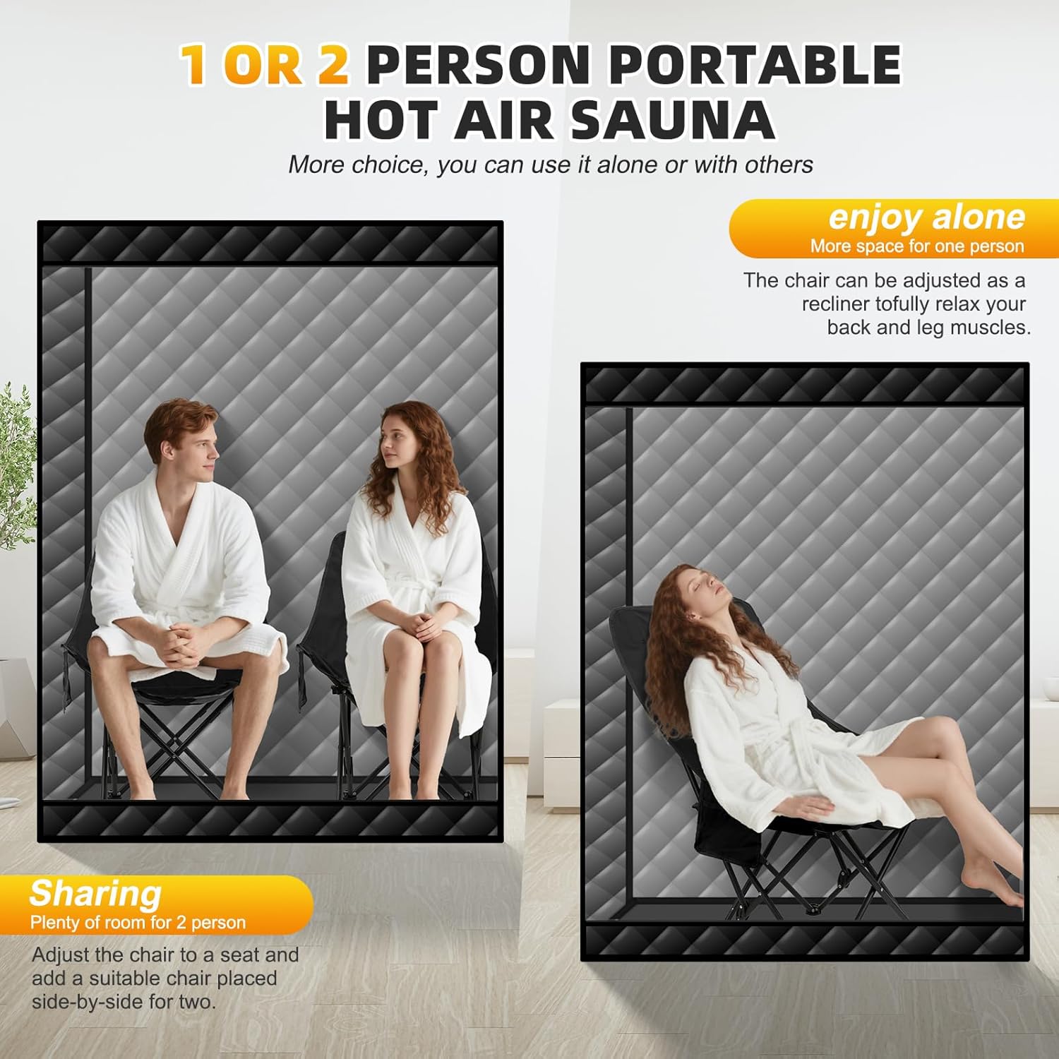 Smartamk Upgrade Portable Hot Air Sauna, 1 or 2 Person Home Sauna, 1500W & 149°F Dry Sauna Box, with 660nm Red Light Therapy, High-Back Adjustable Chair (110V)