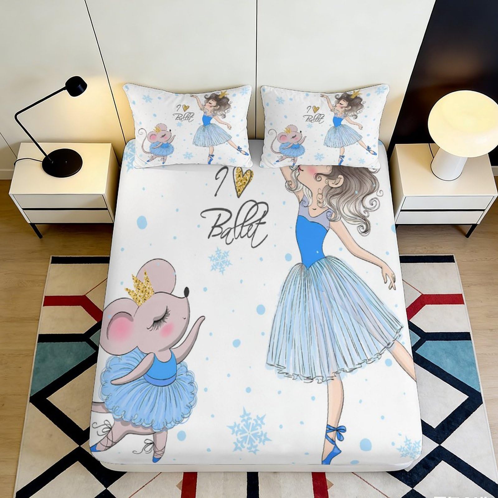 3D Printed Ballet Girl Fitted Sheet Microfiber Cartoon Mouse Bed Cover Anti-Slip Washable for Bedroom Dorm Décor 90x200x25cm