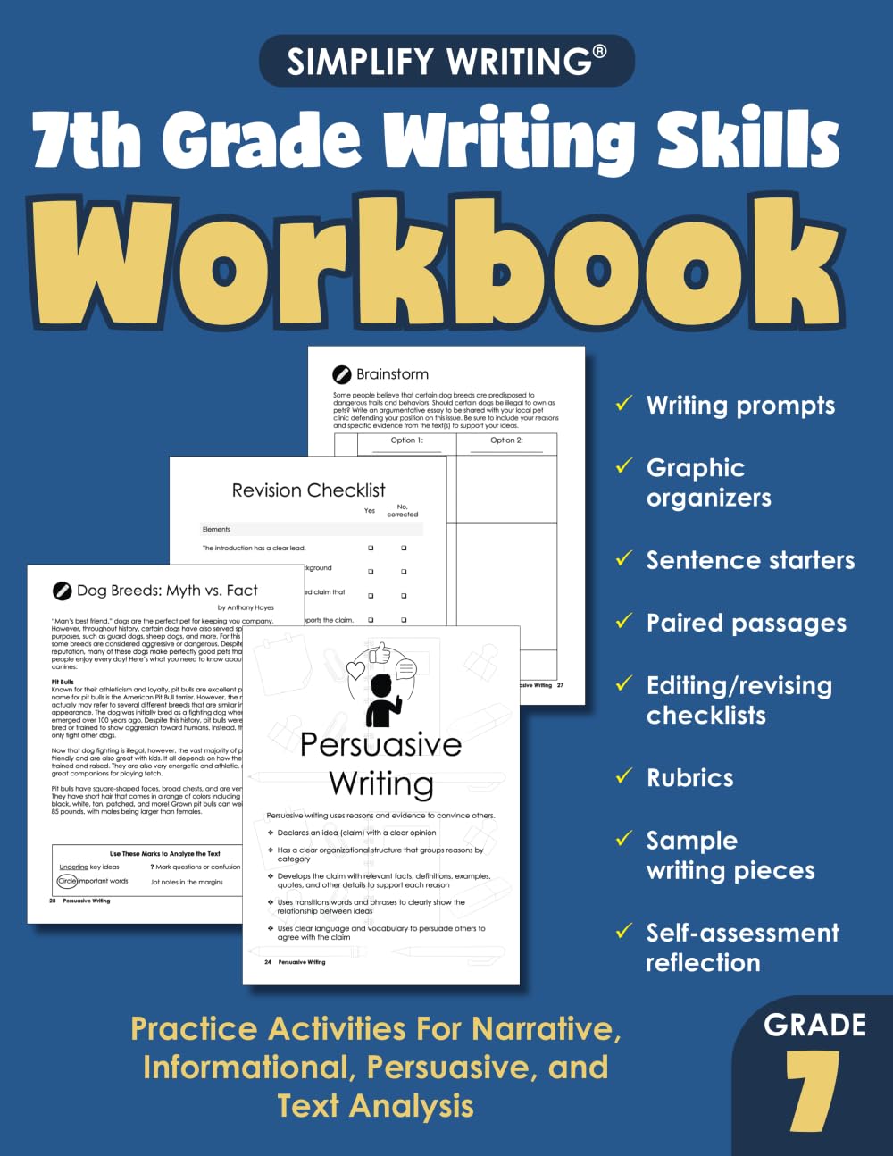 7th Grade Writing Skills Workbook: Practice Activities For Narrative, Informational, Argumentative, and Text Analysis (Writing Skills Workbooks For Home Educators and Classroom Teachers)