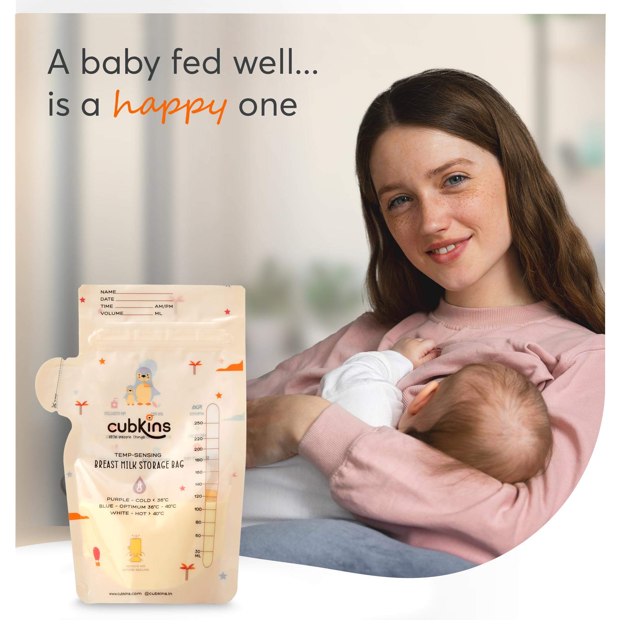 CUBKINS Breast Milk Storage Bags (Pack of 25), Pre-Sterilized, Smart Temp Sensor, BPA Free, Single Use, Leak Proof Double Zip, Separate Fill & Pour Spouts, 250 ml Capacity, Marker Included,Beige - Image 5 thumbnail