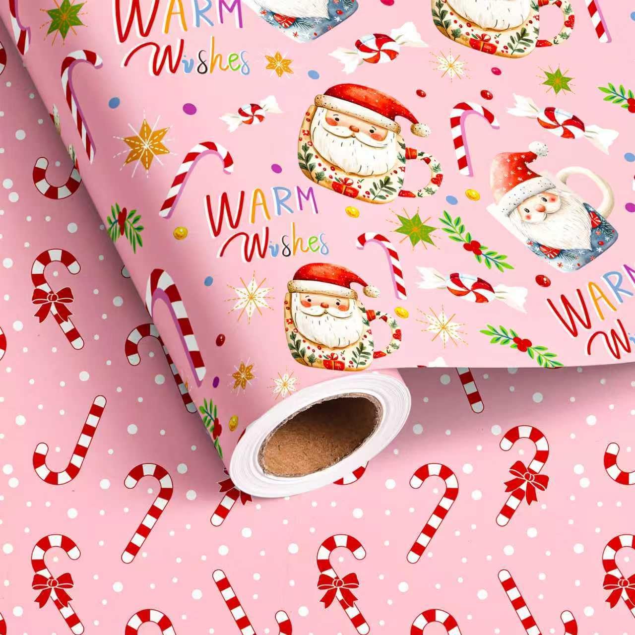 Vnaaem Rouleau de papier cadeau de Noël rose – Tasse de Père Noël et canne à sucre d'orge avec nœud – Papier cadeau pour fêtes de fin d'année, fêtes d'hiver – 43,2 cm x 6,1 m (total 2,5 m²)