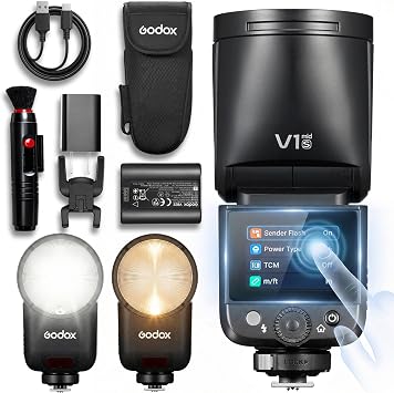 Godox V1 MID S Flash for Sony,55W Round Head Speedlite Touchscreen,Upgrade 24mm,650+Full Power Pops,1.7s Recycle, TTL/HSS 1/8000s V1MID Lightweight Travel Flash for A7C II A6700 A7IV ZV-E1 Fits AK-R1