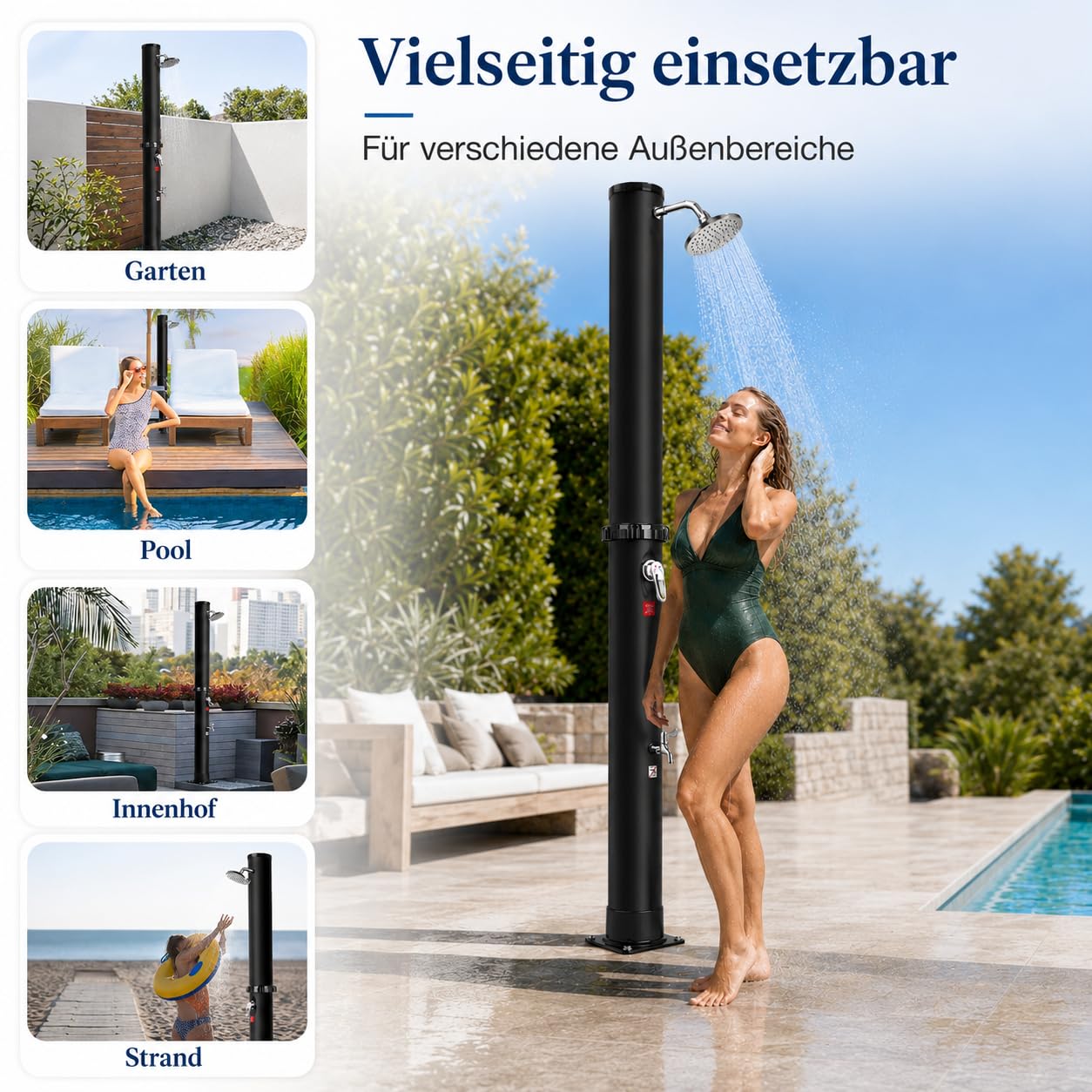 Solardusche für Garten mit Schutzhülle – Solar Gartendusche mit verstellbarem Regenduschkopf, Wasserhahn, Temperatur- und Druckregelung, Pooldusche für Schwimmbecken, Außendusche, max. 60 °C (35 L)
