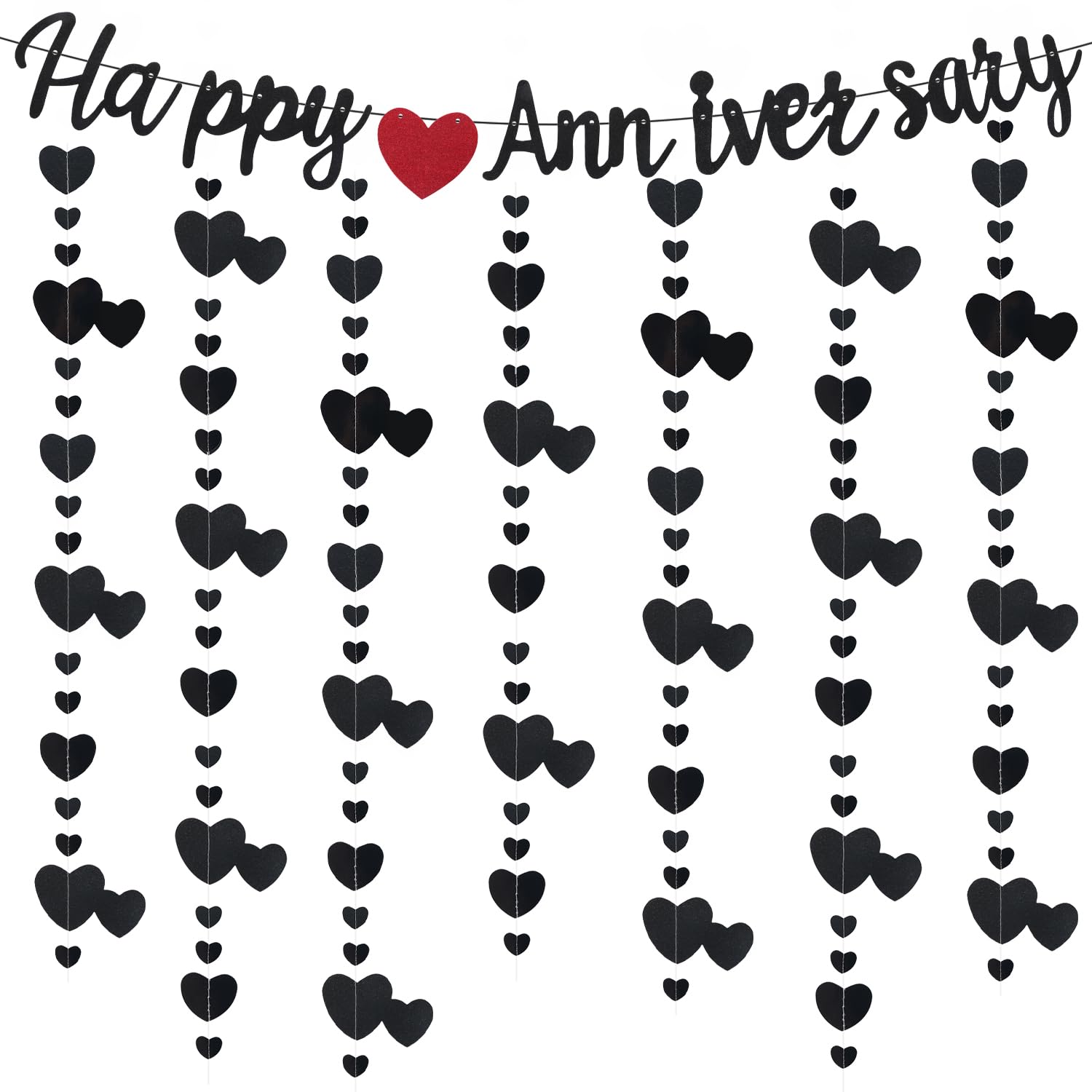UHOMENY Happy Anniversary Banner Wedding Anniversary Party Decorations Glitter Love Heart Hanging Banner Bunting Garland for Wedding Decor Party Supplies (Black)