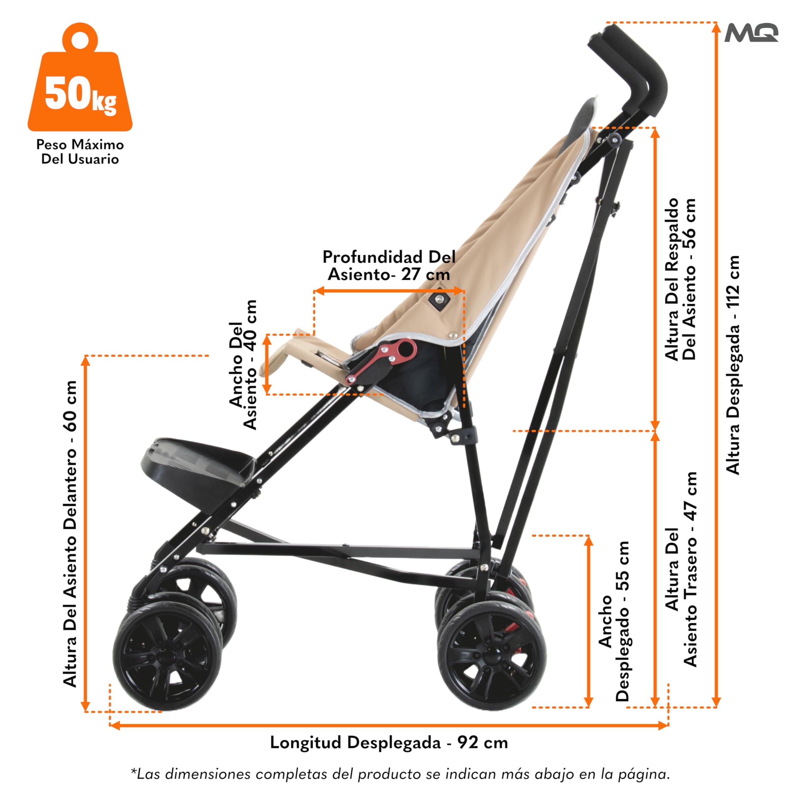 Silla de ruedas para personas con discapacidad MobiQuip XL, arena: ruedas adaptada para niños mayores de hasta 50 kg, con estructura plegable ligera, reposapiés ajustable y arnés de 5 puntos