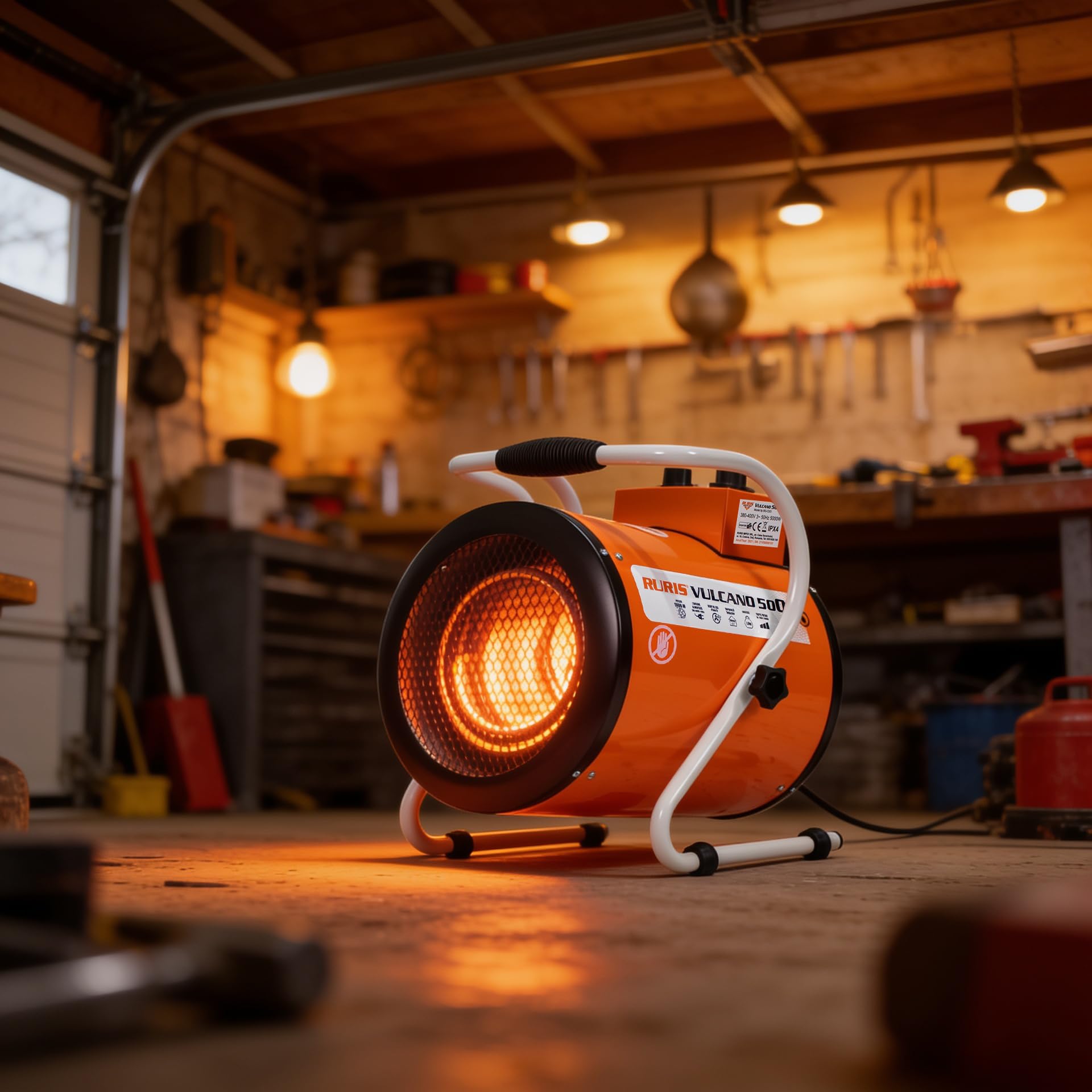 RURIS VULCANO 500 5kW, 3 livelli di riscaldamento, 411 m³/h, Termostato integrato, IPX4, 380-400V, per officina, garage, cantiere