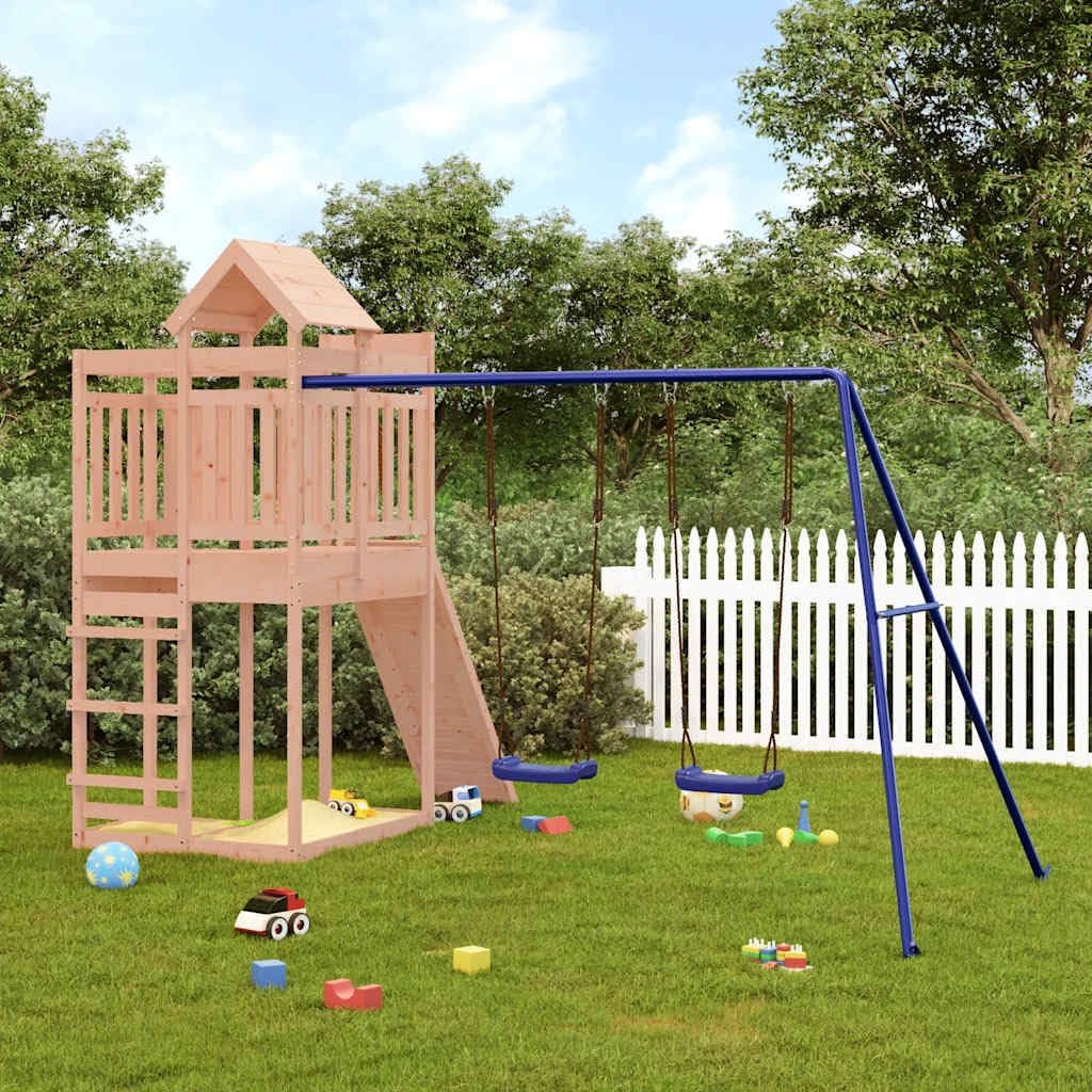 Outdoor Playset Natural Wood Blue Solid Douglas Wood Polypropylene with Climbing Wall and Double Swings for Garden Play
