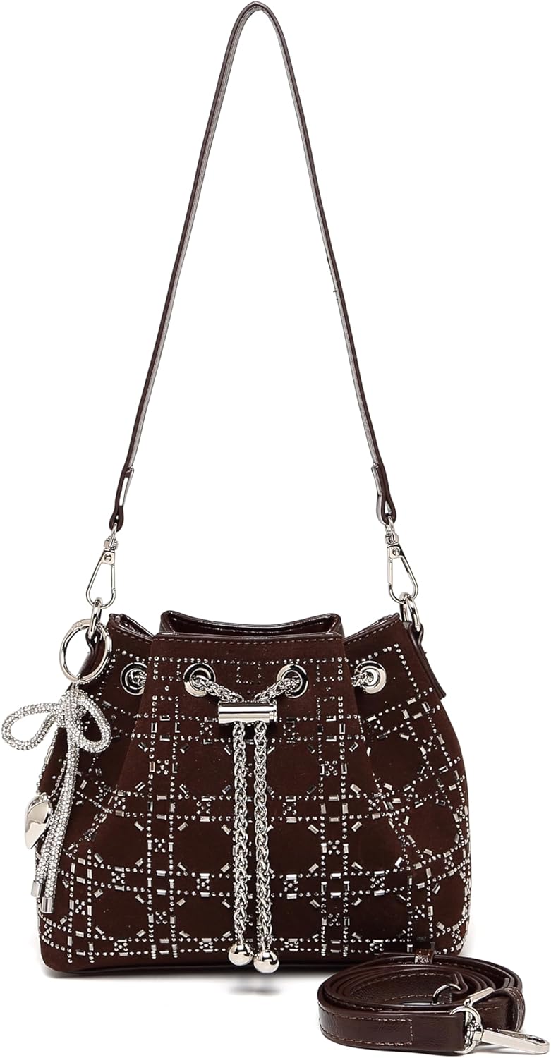 Women's Black Crystal Embellished Plaid Drawstring Bucket Bag with Adjustable Shoulder Strap Evening Handbag