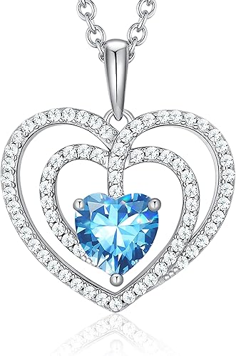 925 Sterling Silver Birthstone Necklaces for Women Round Heart Cut Halo CZ Pendant Chain Necklace for Her