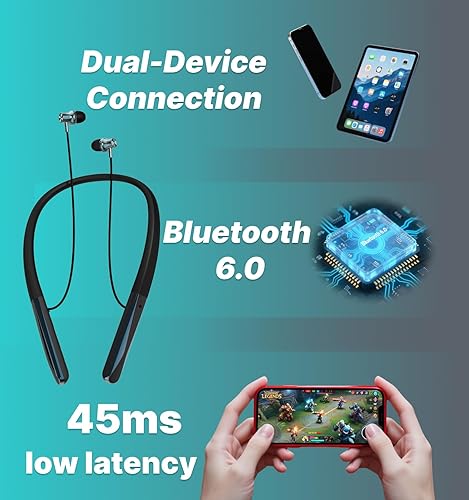 Miniatura 8 de Hmusic H08 - Auriculares con banda para el cuello Bluetooth 6.0, auriculares inalámbricos con banda para el cuello, micrófono de retorno de voz,