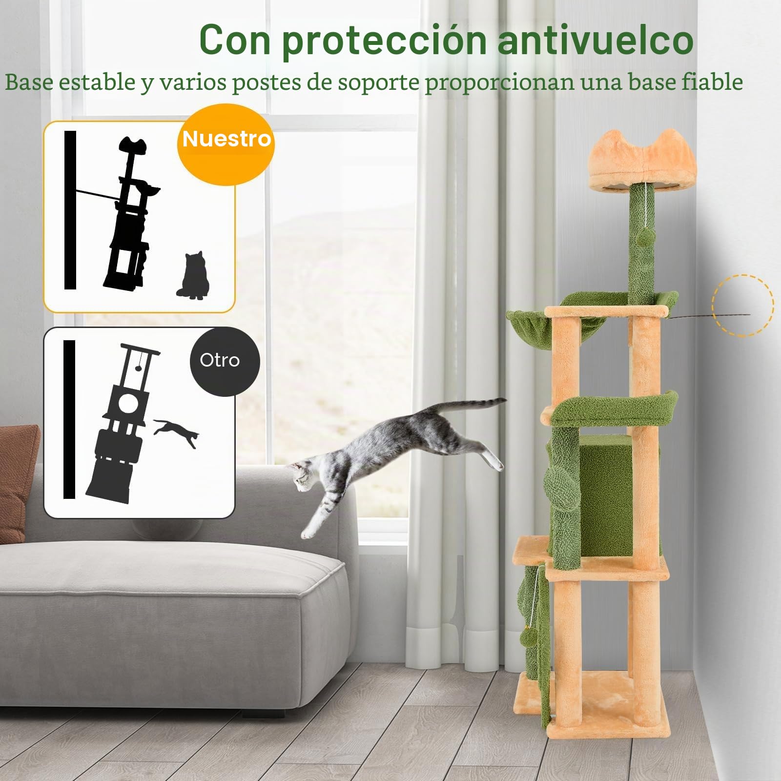 COSTWAY Rascador de Cactus, 160 cm, árbol para Gatos con Cueva para Gatos, Plataformas, Poste de sisal, Cesta, Tabla para rascar y Juguetes, Muebles para Gatos, Muebles para Gatos, árbol de Madera