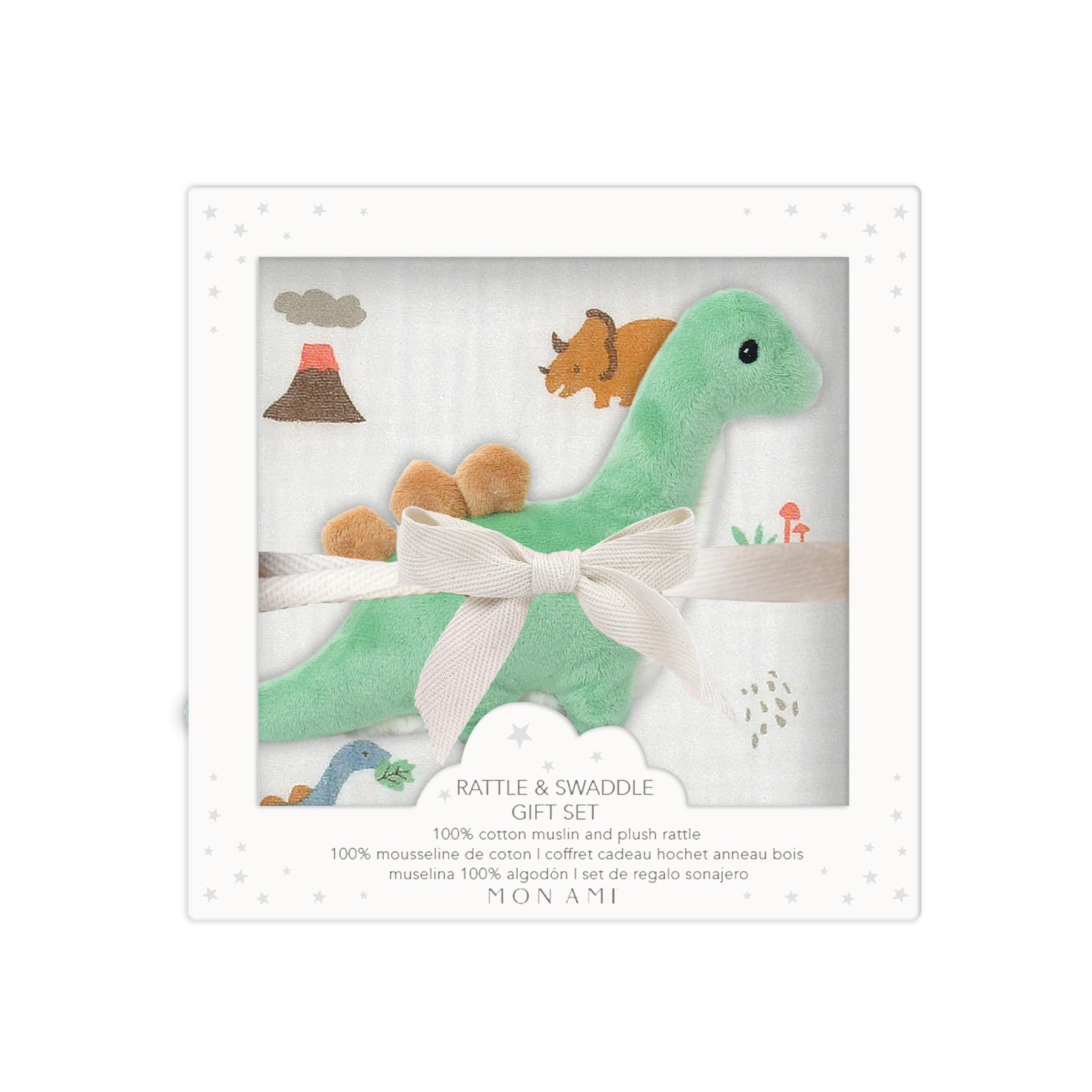 MON AMI Jurassic Swaddle & Rattle Gift Set, Multicolor, Dino