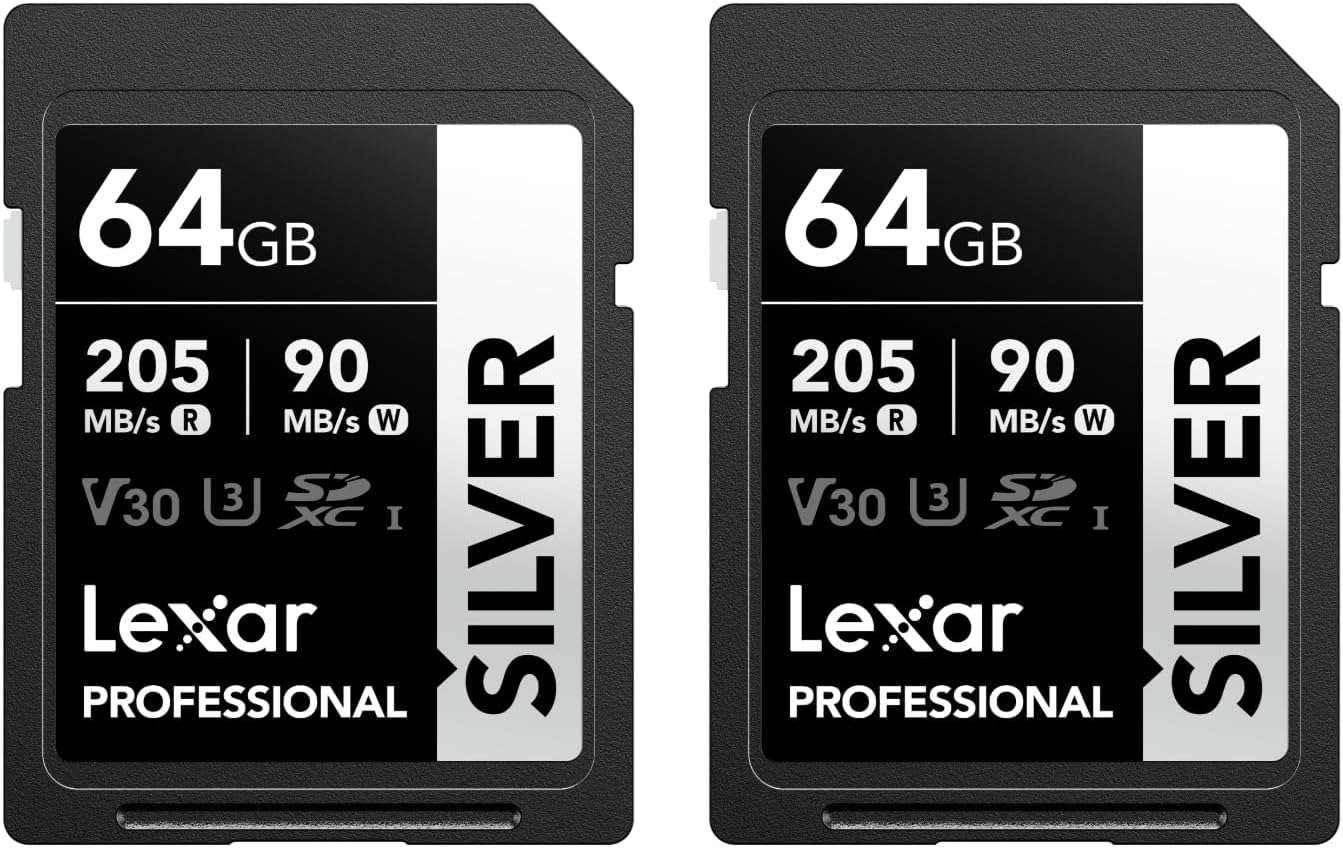 – Professional SILVER SD Card 64GB 2-Pack, Up to 205MB/s Read, 90MB/s Write, SDXC UHS-I Memory Card, Class 10, U3, V30, SD Card for Professional Photographers, Videographers, Enthusiasts