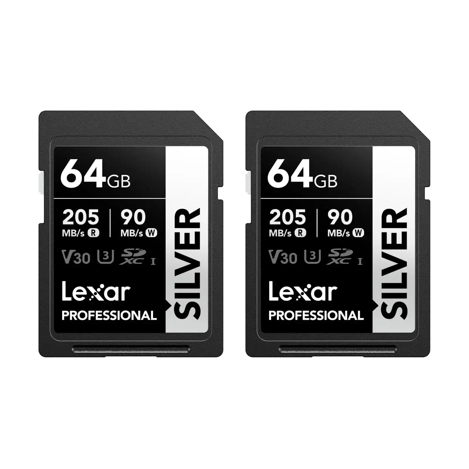 Lexar Silver SD Karte 64GB 2-Pack, UHS-I SDXC Card 205 MB/s Read Speed, 90 MB/s Write Speed, V30, U3, C10, 4K UHD Video, SD Card Memory Card with Lexar Lifetime Data Recovery