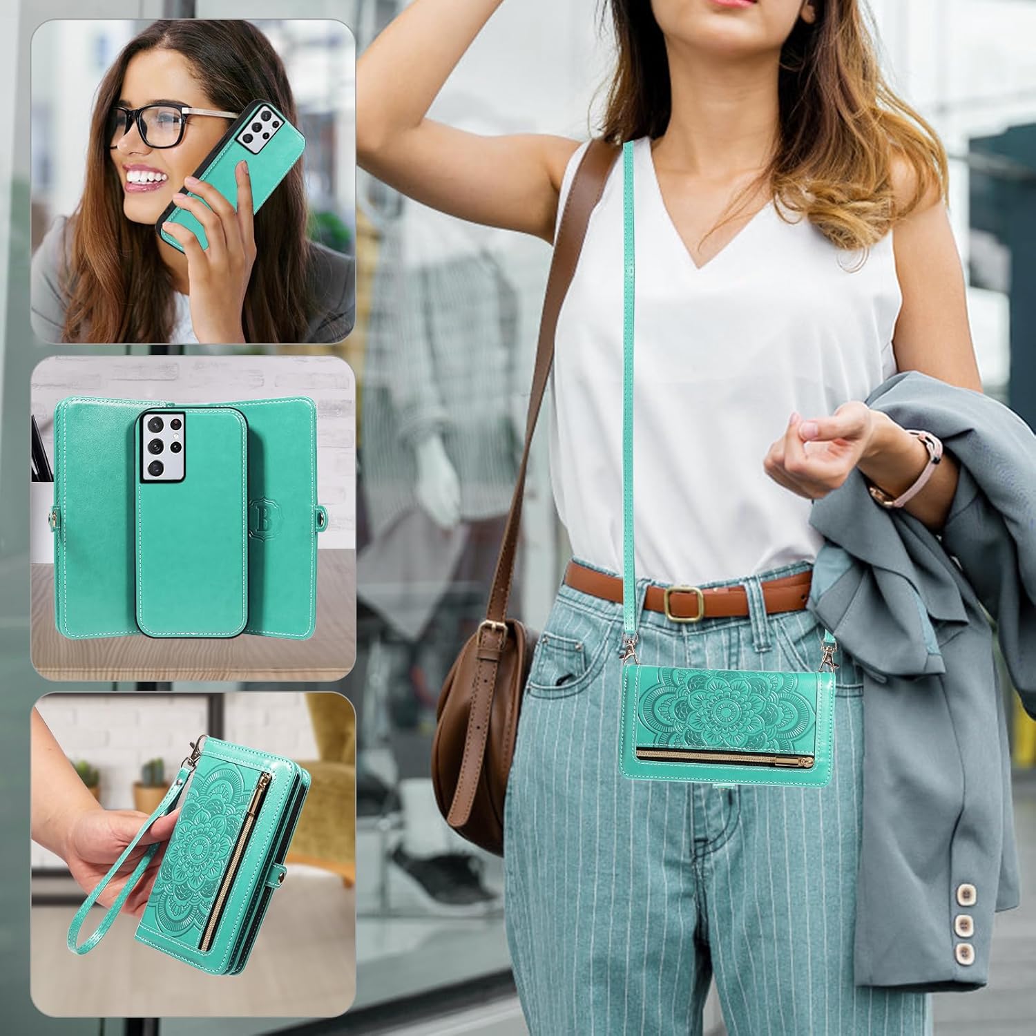 Asuwish Phone Case for Samsung Galaxy S21 Ultra 5G Zipper Wallet Detachable Cell Cover with Tempered Glass Screen Protector Wrist Strap Flower Card Holder S21ultra 21S S 21 21ultra G5 Women Men Green