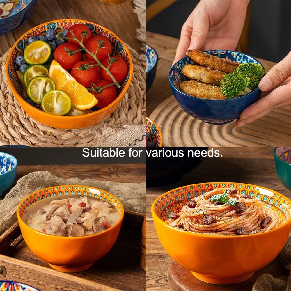 Bohemian Bliss 4.5-Inch Ceramic Bowls, Set of 4 - Colorful Dip Bowls, Salad Bowls, Snack Rice Bowls with Handcrafted Artisan Prints, Dishwasher & Oven Safe