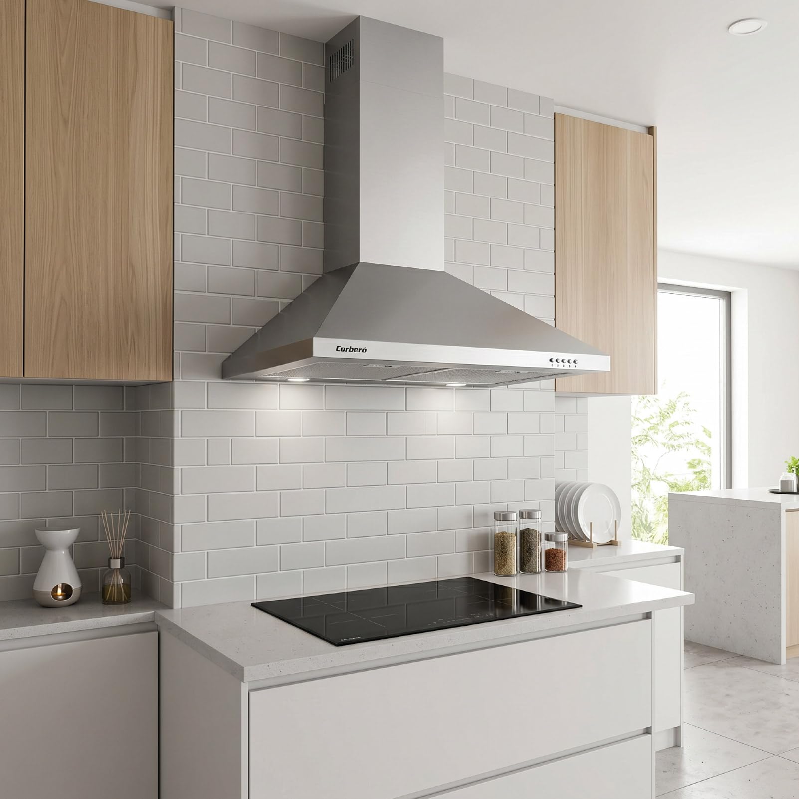 Corberó - Ozdobny dzwonek piramidowy Inox | 70 cm | KURAMATHI760X | Przepływ 621,71 m3/h | 165W | 3 prędkości | 2 filtry aluminiowe | Filtr węglowy | Efektywność energetyczna A, stal nierdzewna