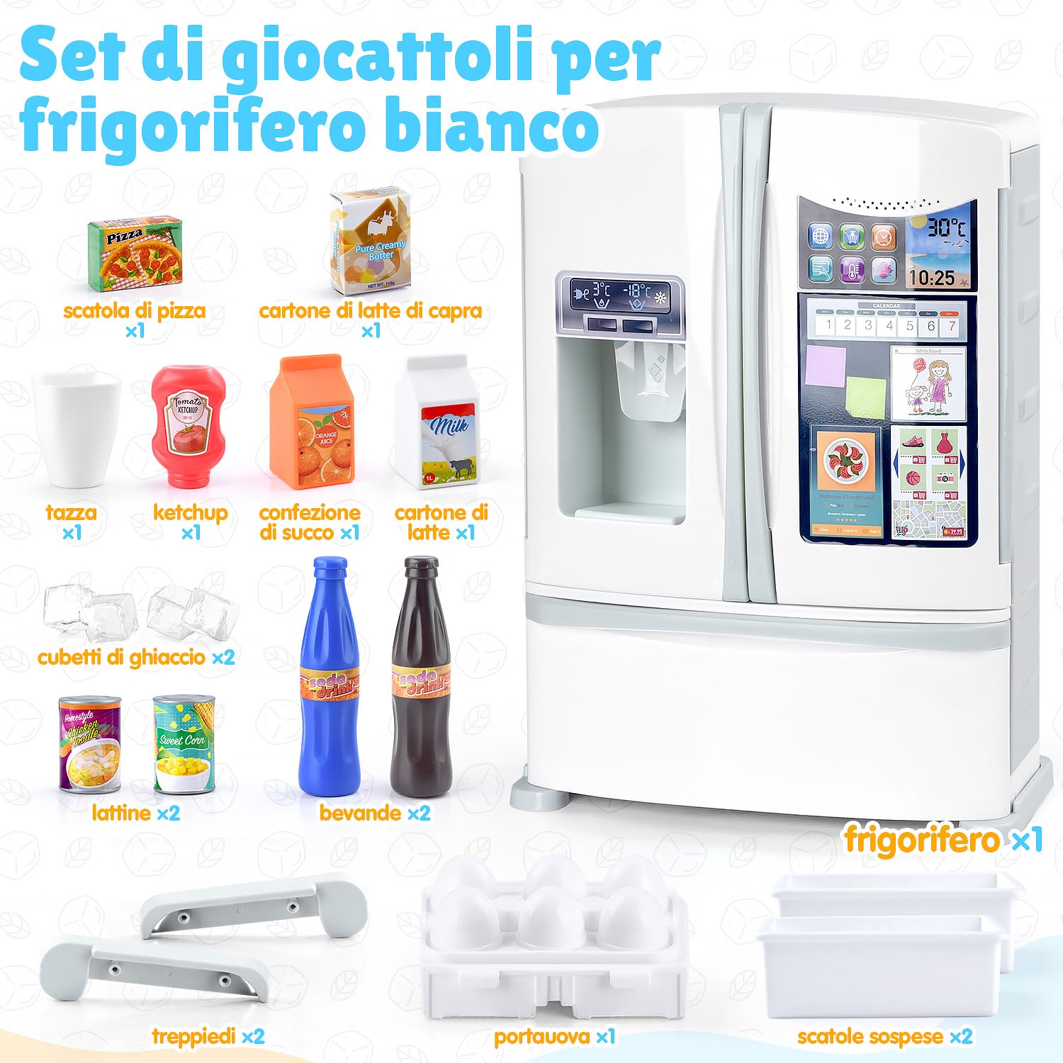 PLAY Frigorifero Giocattolo, Accessori Cucina con Frigo Giocattolo, Giocattoli Alimentari, Cubetti di Ghiaccio, Effetti Sonori Realistici, Set di Cucina Giocattolo per Bambini da 3+ Anni - Bianco
