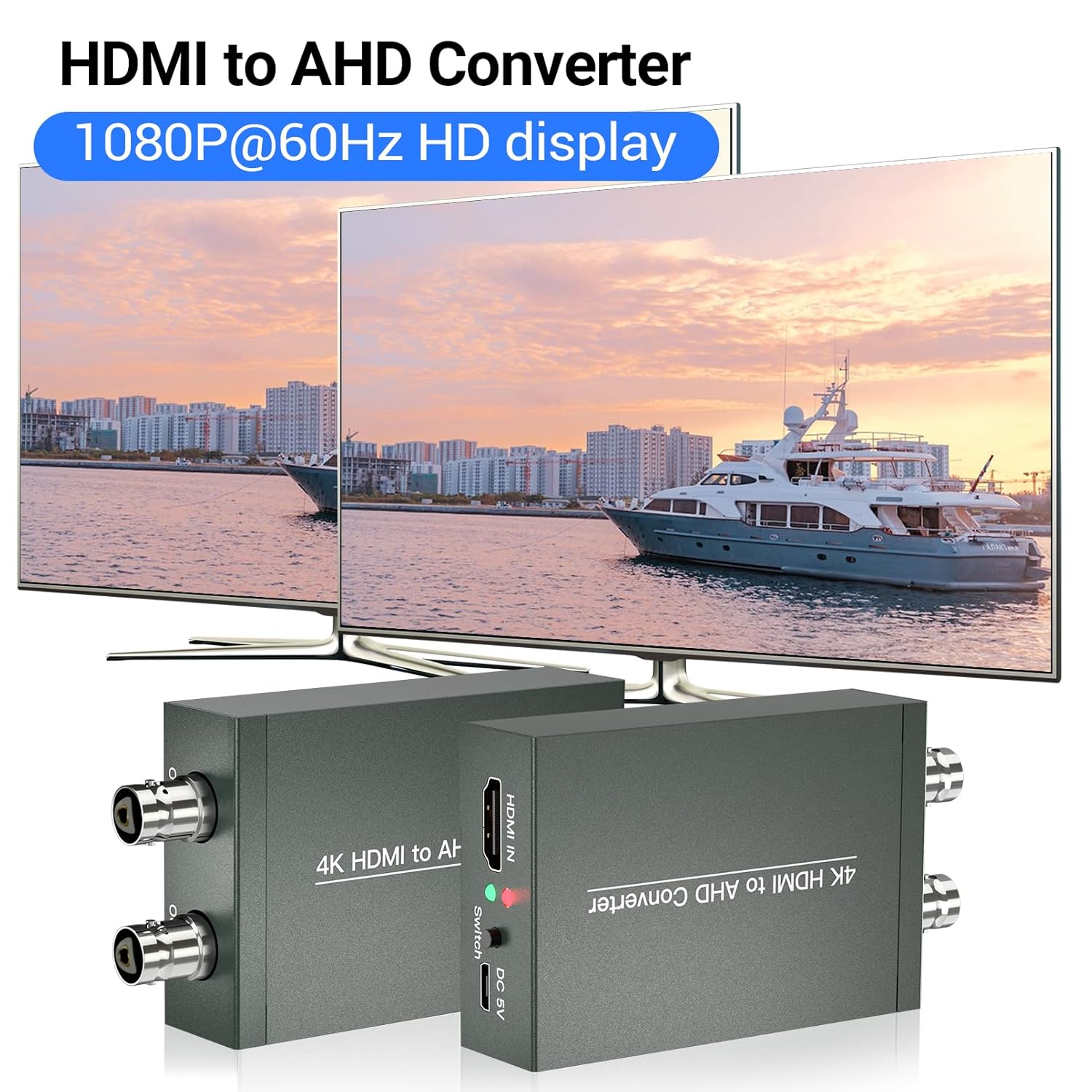 HDMI to AHD Converter, 4K/60Hz HDMI in AHD Out Converter, Support Dual Port Output for HD CCTV Outdoor Home Security Camera System