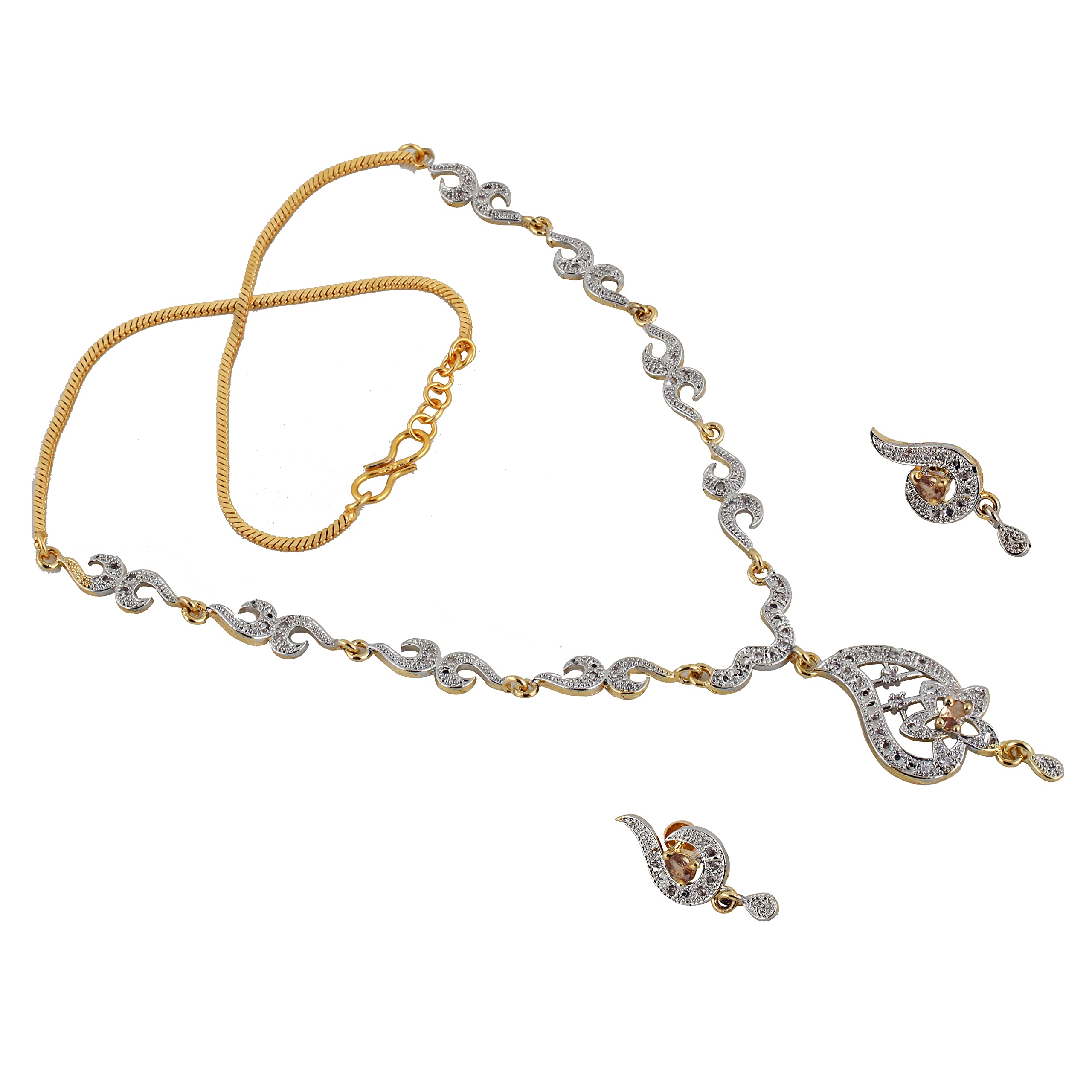 Lucky Jewellery 18K Gold Plated American Diamond (AD) Gold Color Pendant,Earring with Chain Gift Set for Girls & Women &