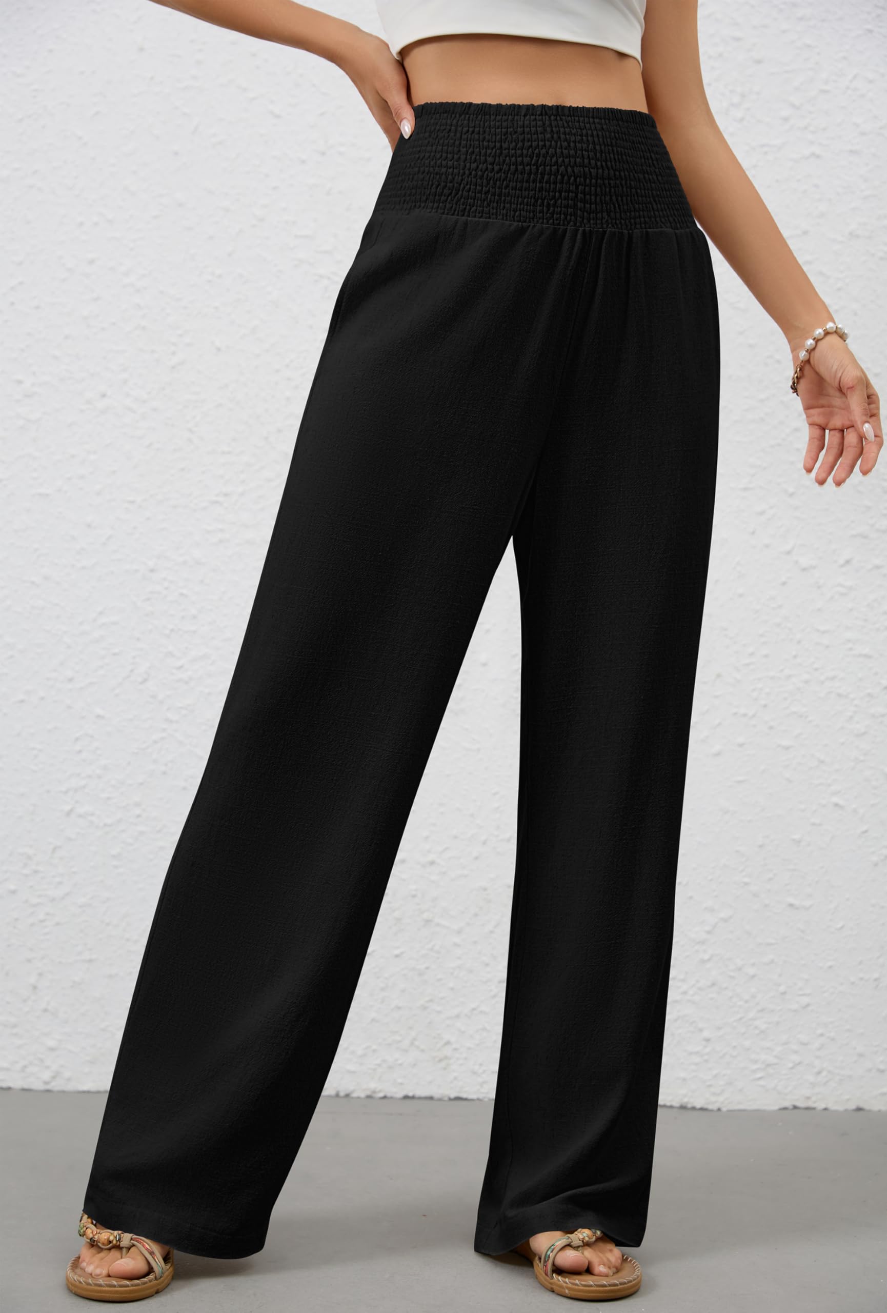 Pantalones de mujer de pierna ancha, elegantes Palazzo, informales, informales, de cintura alta, pantalones de tela largos, ligeros, cintura plisada, con bolsillos