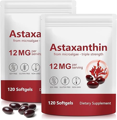 Paquete de 2 Astaxantina premium de 12 mg, suplemento antioxidante natural para ojos, articulaciones, salud de la piel, fuente de microalgas,