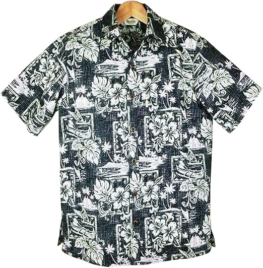 Amazon メンズアロハシャツ Paradise Bay パラダイスベイ スモークブラック グリーン葉 花柄 裏生地 ハワイ製 立ち襟 シャツ 通販