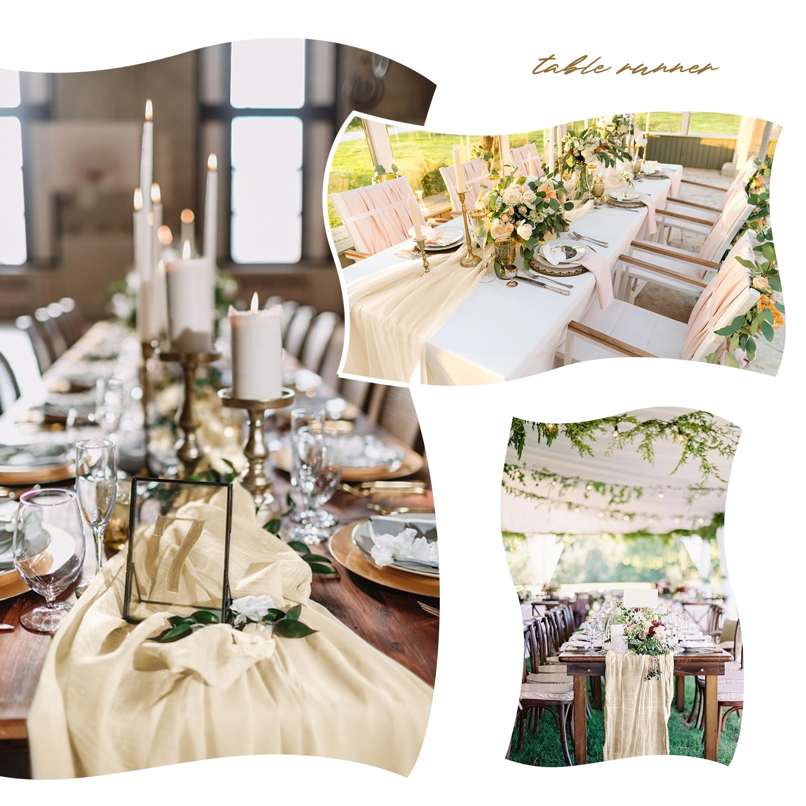 Set van 5 kaasdoek-tafellopers, 90 x 400 cm, lichtbeige gaastafelloper, rustieke boho-stoffen kaasdoek, tafeldecoratie voor bruiloft, bruidsfeest, tafeldecoratie