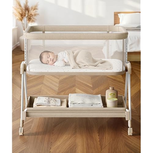 Fodoss Baby Bassinets Bedside Sleeper - Bed Side Bassinet Newborn with Wheels, Storage Tray, 4-Sided Mesh, 7 Height Adjustable, Beige