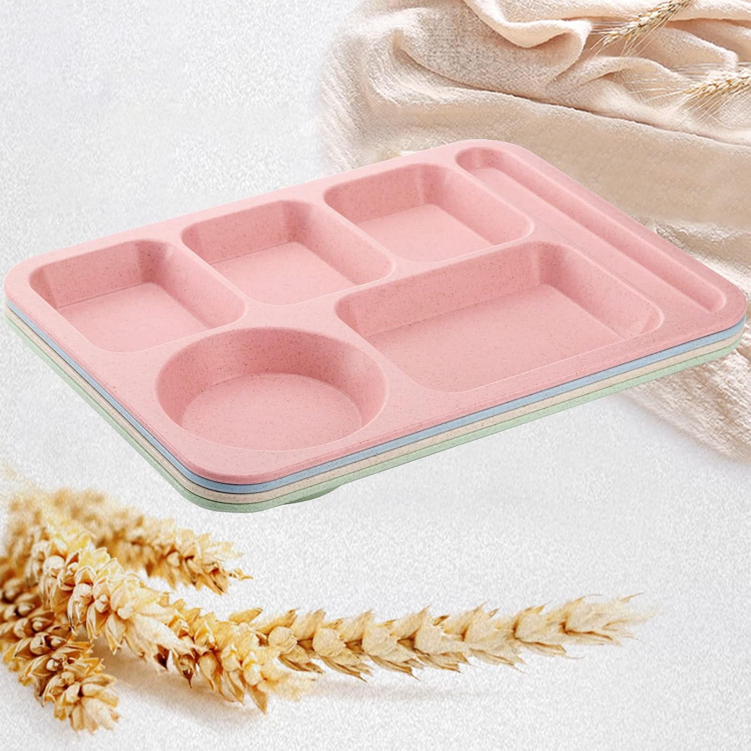 TOPZEA 4 Pack Unbreakable Divided Plates, 6 Compartments Wheat Straw Sectional Dinner Plates Portion Control Plate Plastic Cafeteria School Lunch Tray for Adult, Microwave & Dishwasher Safe,14"x10.5" image 3