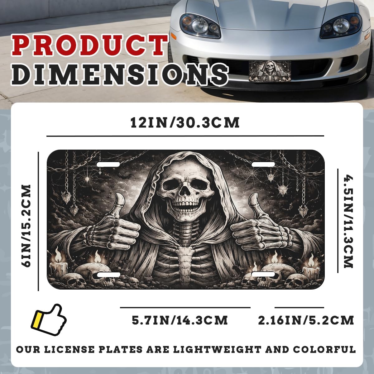 Grim Reaper Front License Plate Gothic Skeleton Thumbs Up Car Decorative License Plates Aluminum Metal Decor Accessory Novelty Vanity Tag Cover with 4 Holes for Men Women 6" X 12" image 3