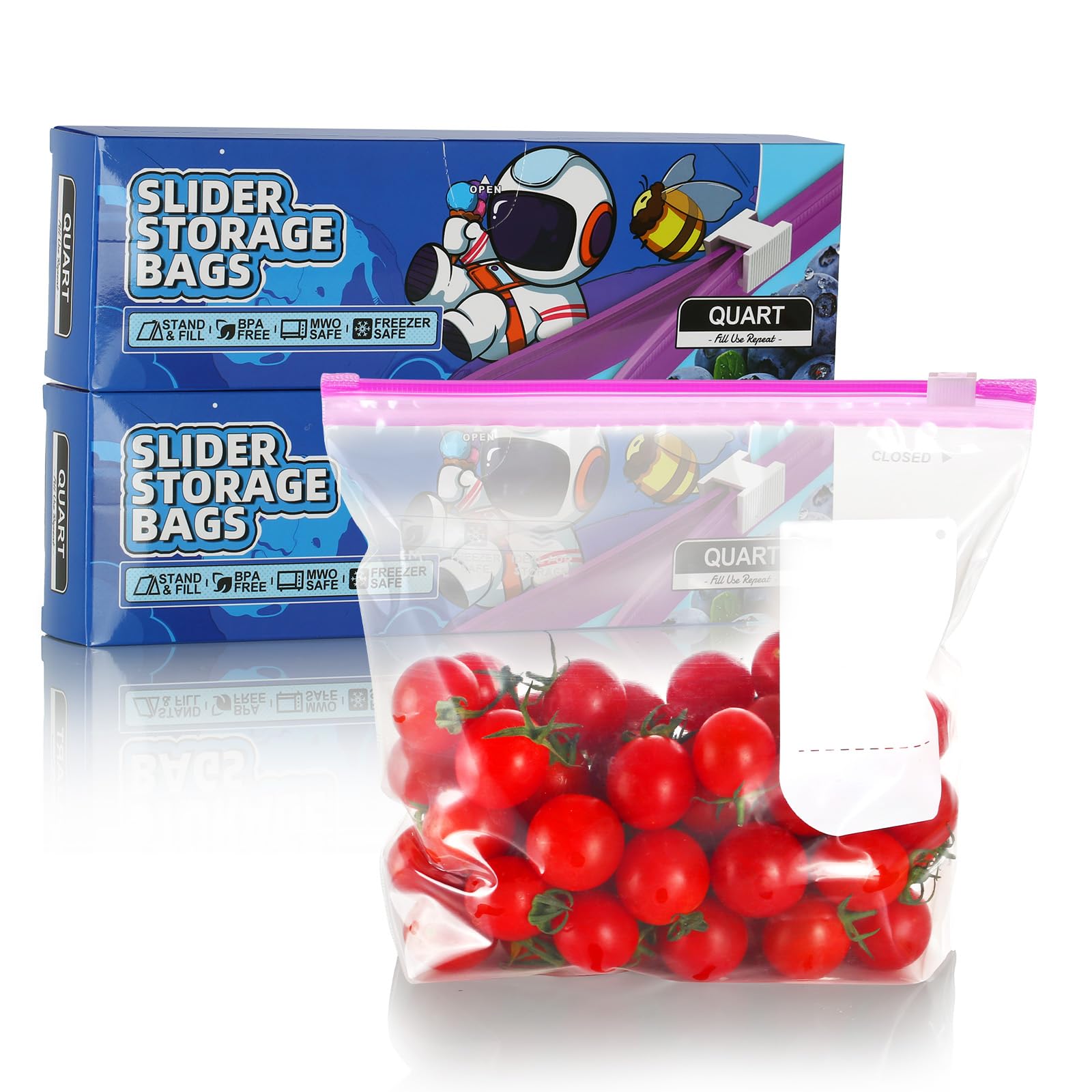 Tuocal Clear 50 Pcs Zip Lock Bags, Freezer Bag (Quart / 1L) Reusable Food Storage Bags With Expandable Bottom, Bpa Free Slider Ziplock Sandwich Bag For Fruit, Vegetables, Grains, Meat, Snacks