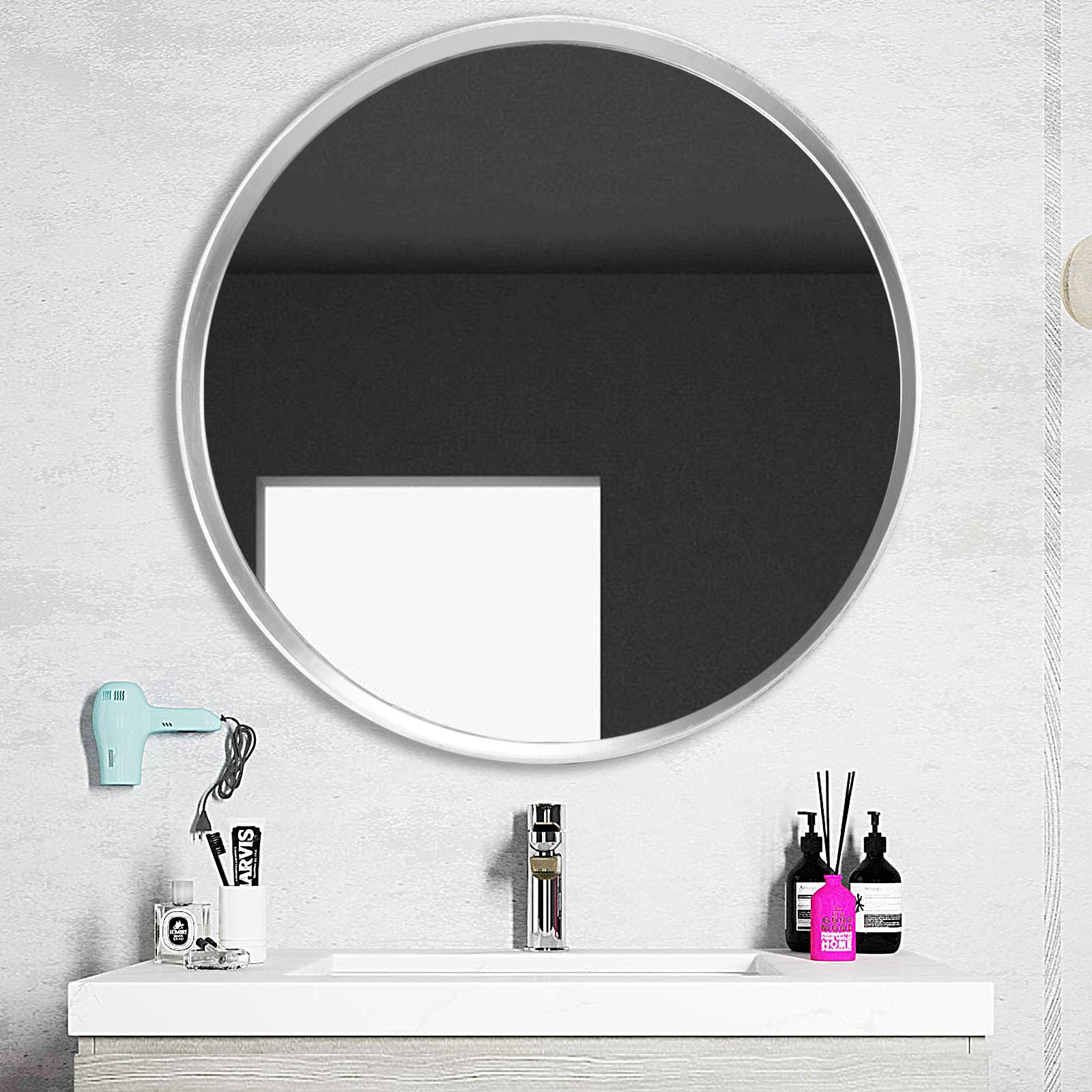 MAGFLERUM Silver Round Mirror 24 inch, Wood Framed Large Round Mirror, Silver Wall Mirror for Bathroom, Wall-Mounted Circle Mirrors, Suitable for Entrance, Living Room, Bedroom, Hallway, Vanity