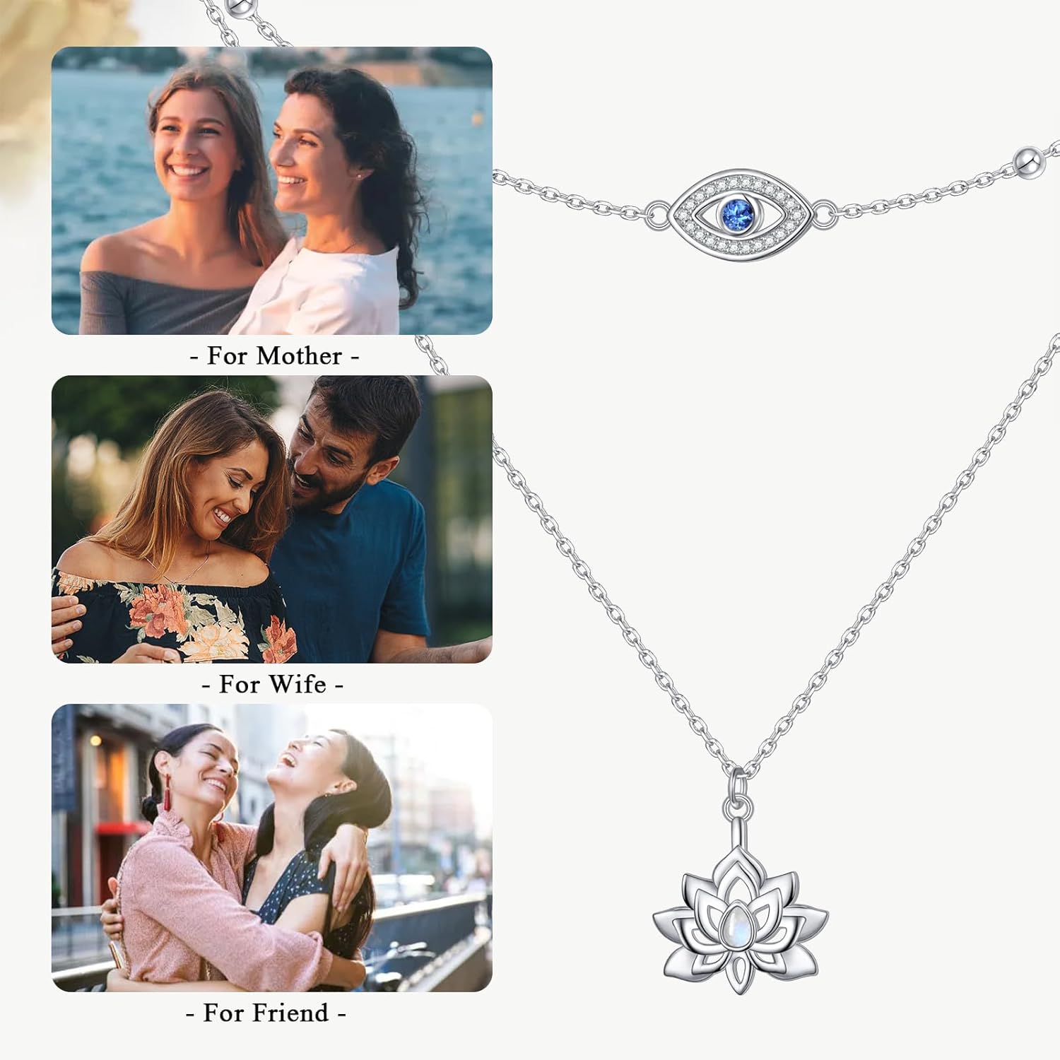 925 Sterling Silver Evil Eye Double Layered Necklace Adjustable Multilayer Long Chain Lotus Moonstone Pendant Necklace Jewelry Gift for Women - Image 6