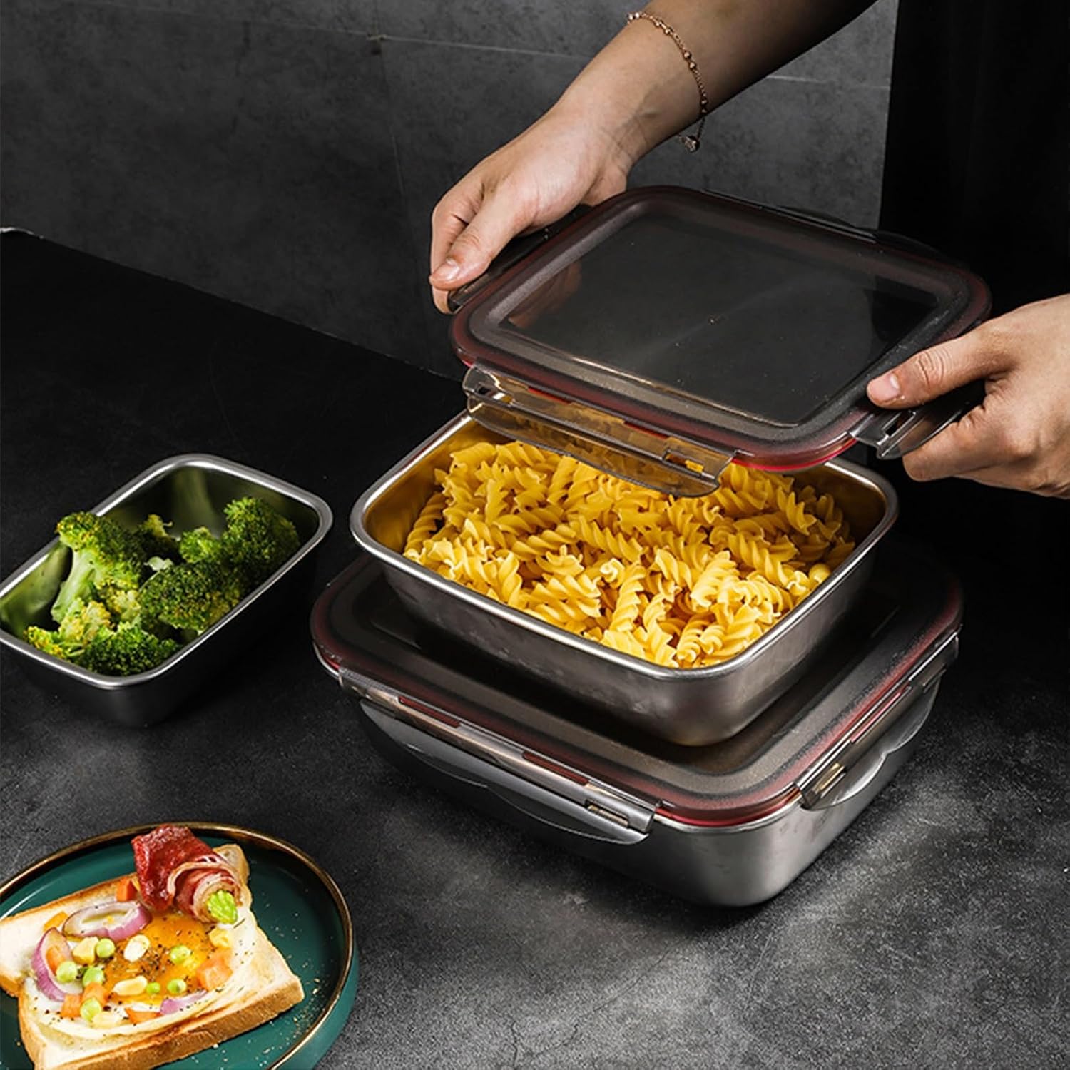 Stainless Steel Food Storage Box, Silicone Leak-proof Lunch Box, Nested Storage Storage,Support Large Sets For Small Ones，More Space-saving(220ml+600ml+1500ml+2900ml)