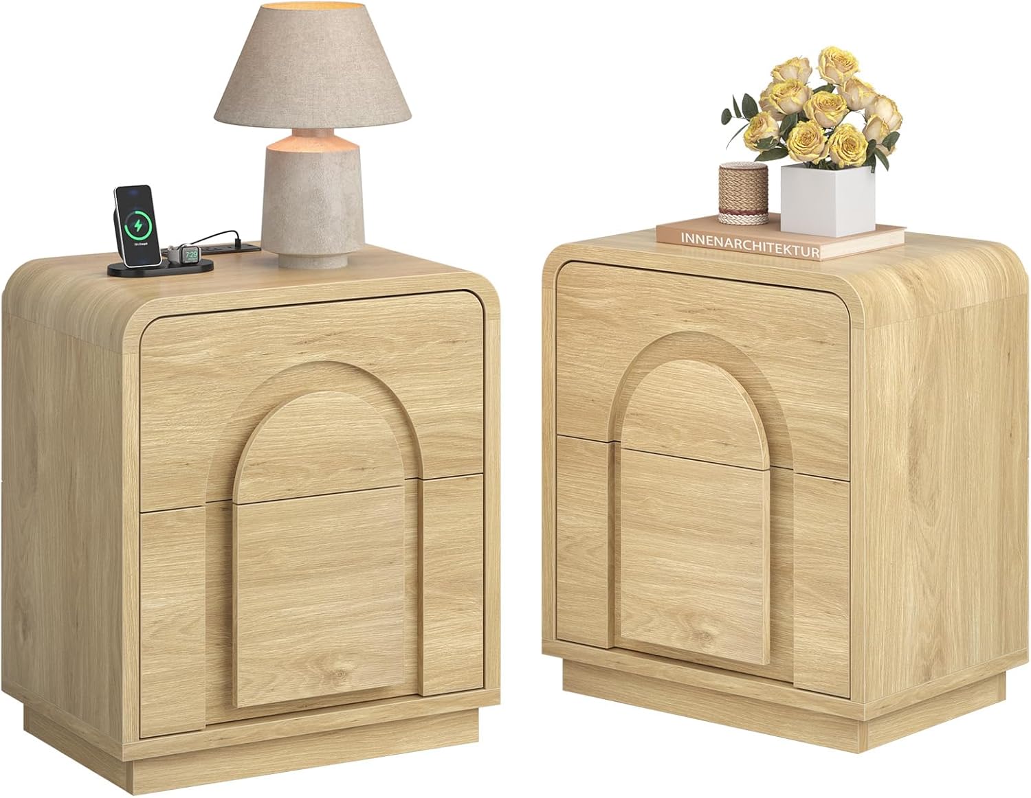 Bestier Night Stand Set 2, 23.6" Curved Nightstand with Charger Station, Mid Century Modern Bedside Table with 2 Drawers, Arch Doors & Rounded Profile Nightstand, End Tables for Bedroom, Natural Oak