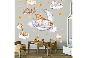 Giraffe & Elephant Slumber Under Moon & Stars Wall Decals for Dreamy Nursery Decor