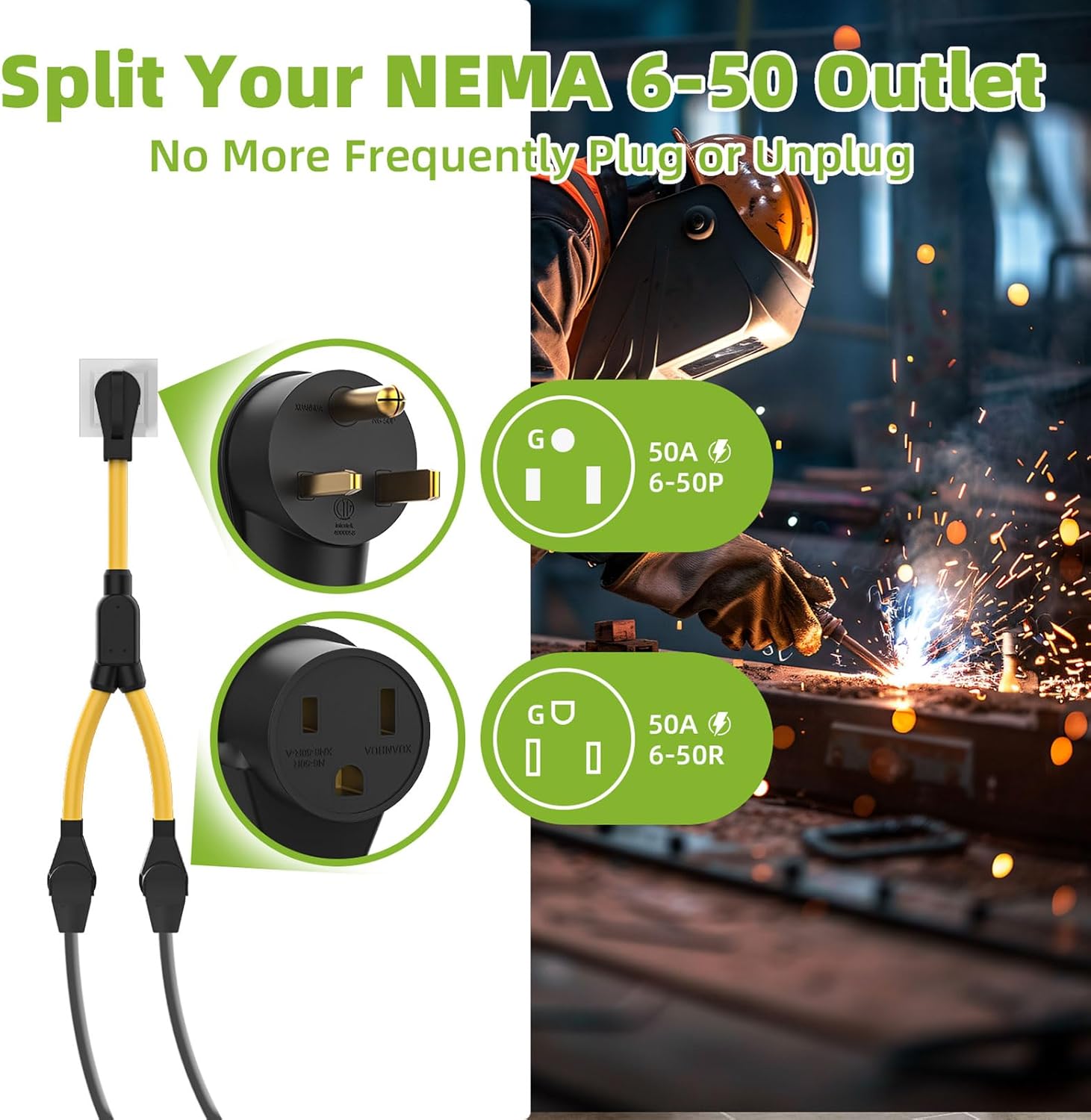 50 Amp Welder Splitter Adapter Cord, 3 Prong 250V NEMA 6-50 Male Plug to 2X 6-50R with Grip Handle, ETL Listed Heavy Duty STW 6 AWG 3FT Extesion Cord Splitter for Welder EV Charger