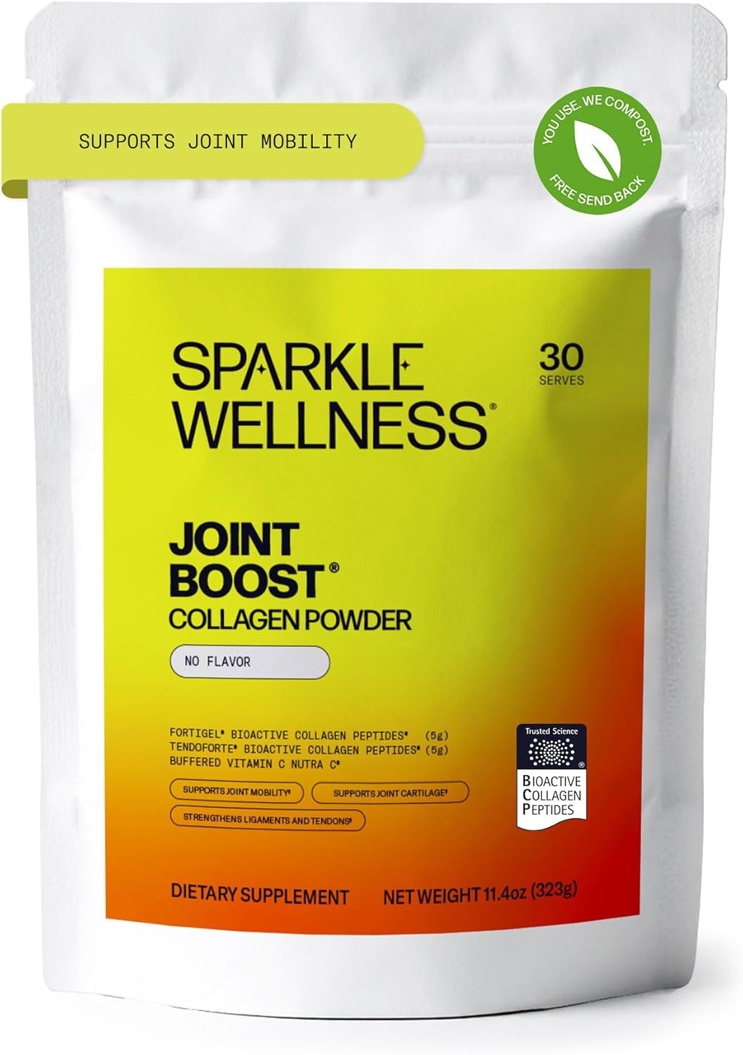 Sparkle Wellness FORTIGEL & TENDOFORTE Collagen Peptides | Collagen Powder with Calcium Ascorbate Vitamin C to Support Joint Mobility, Tendon & Ligament Health | Joint Boost (No Flavor) [30-Serves]